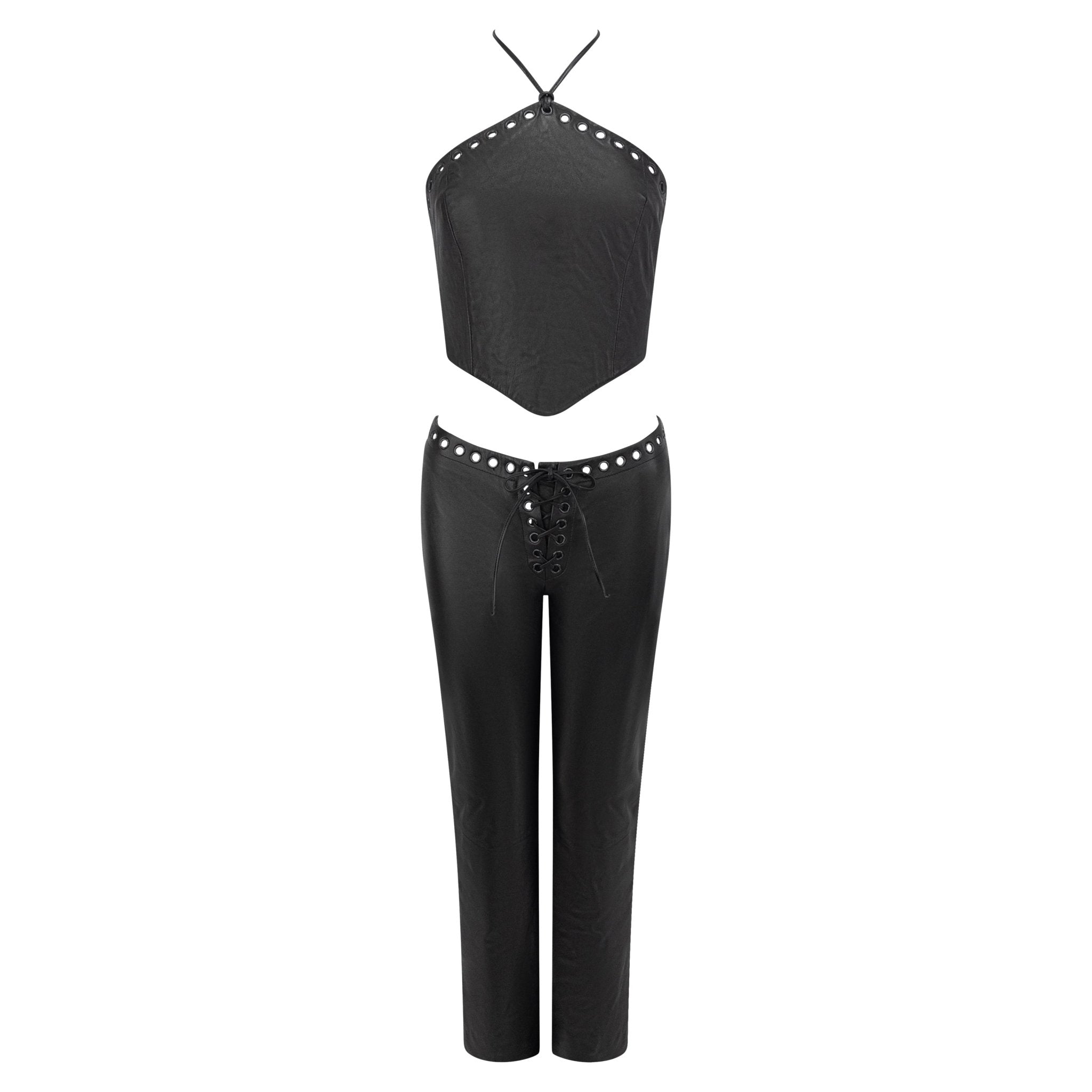 1990s North Beach Leather Black Leather Eyelet Crop Top Pant Set - RealList