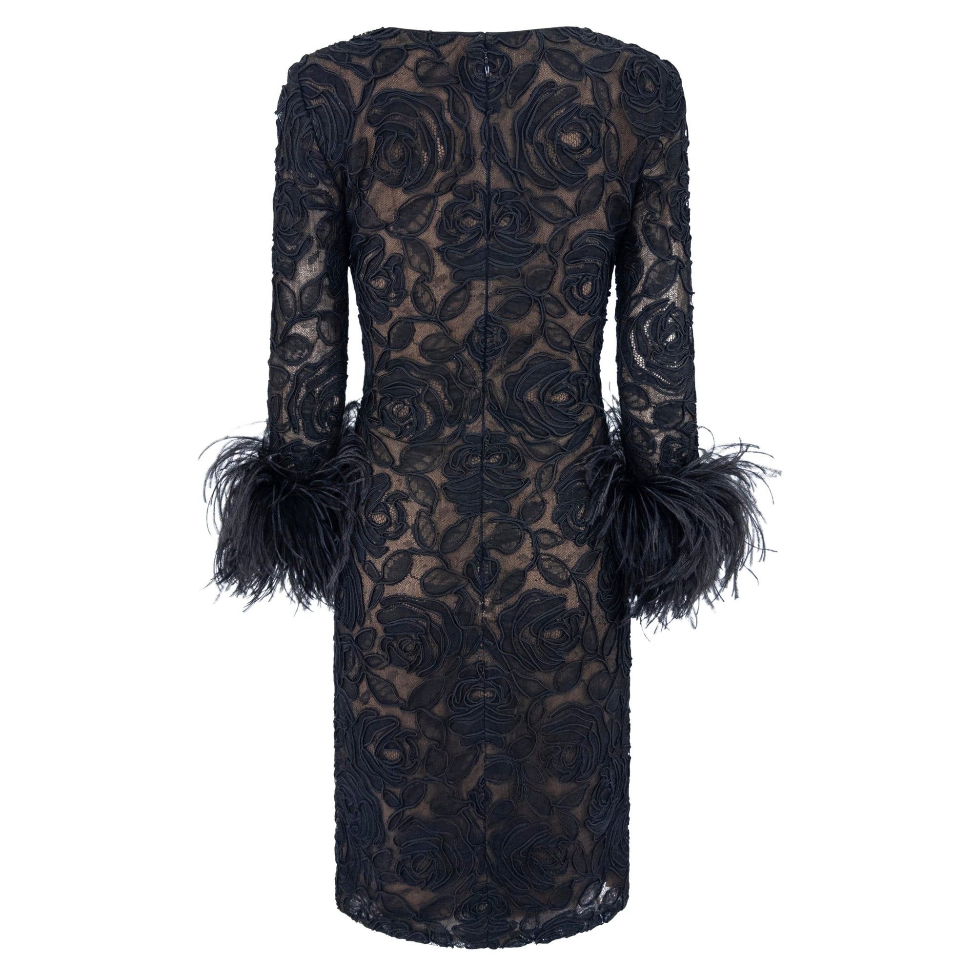 1990s Oscar de la Renta Black Lace Marabou Ostrich Feather Cuff Dress - RealList