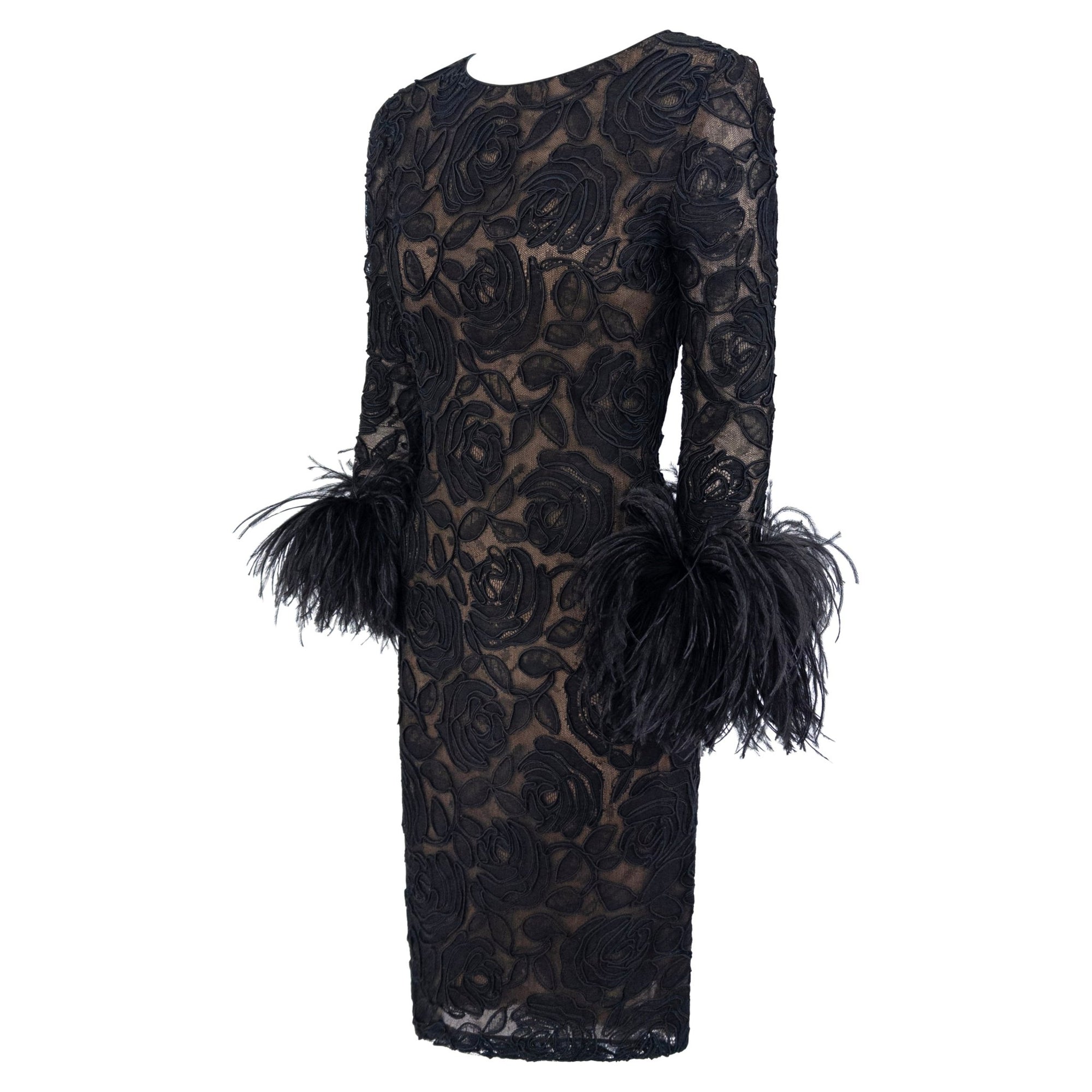 1990s Oscar de la Renta Black Lace Marabou Ostrich Feather Cuff Dress - RealList