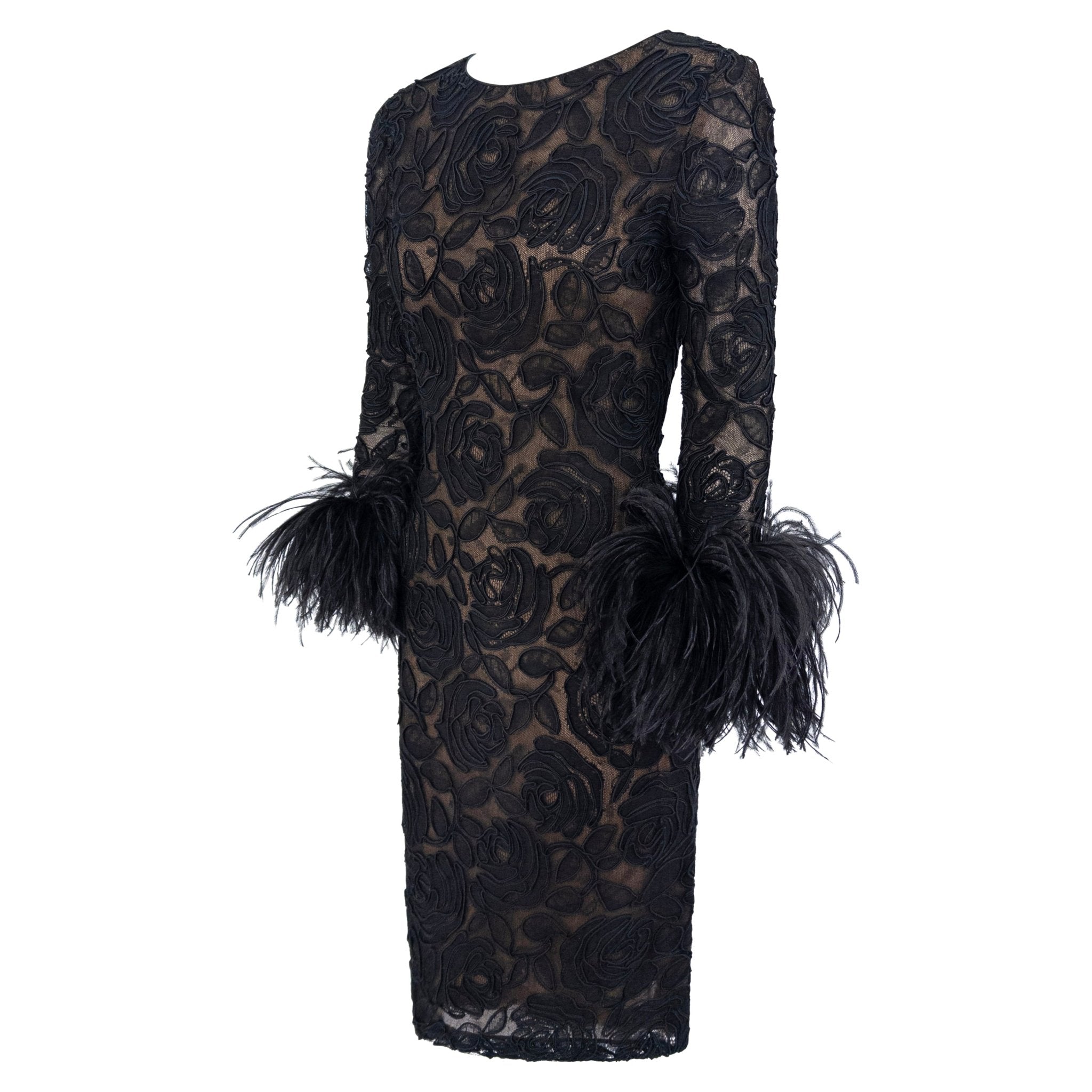 1990s Oscar de la Renta Black Lace Marabou Ostrich Feather Cuff Dress - RealList