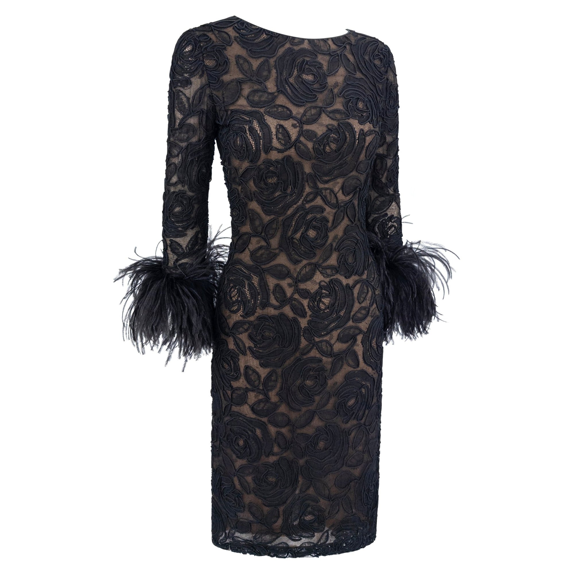 1990s Oscar de la Renta Black Lace Marabou Ostrich Feather Cuff Dress - RealList