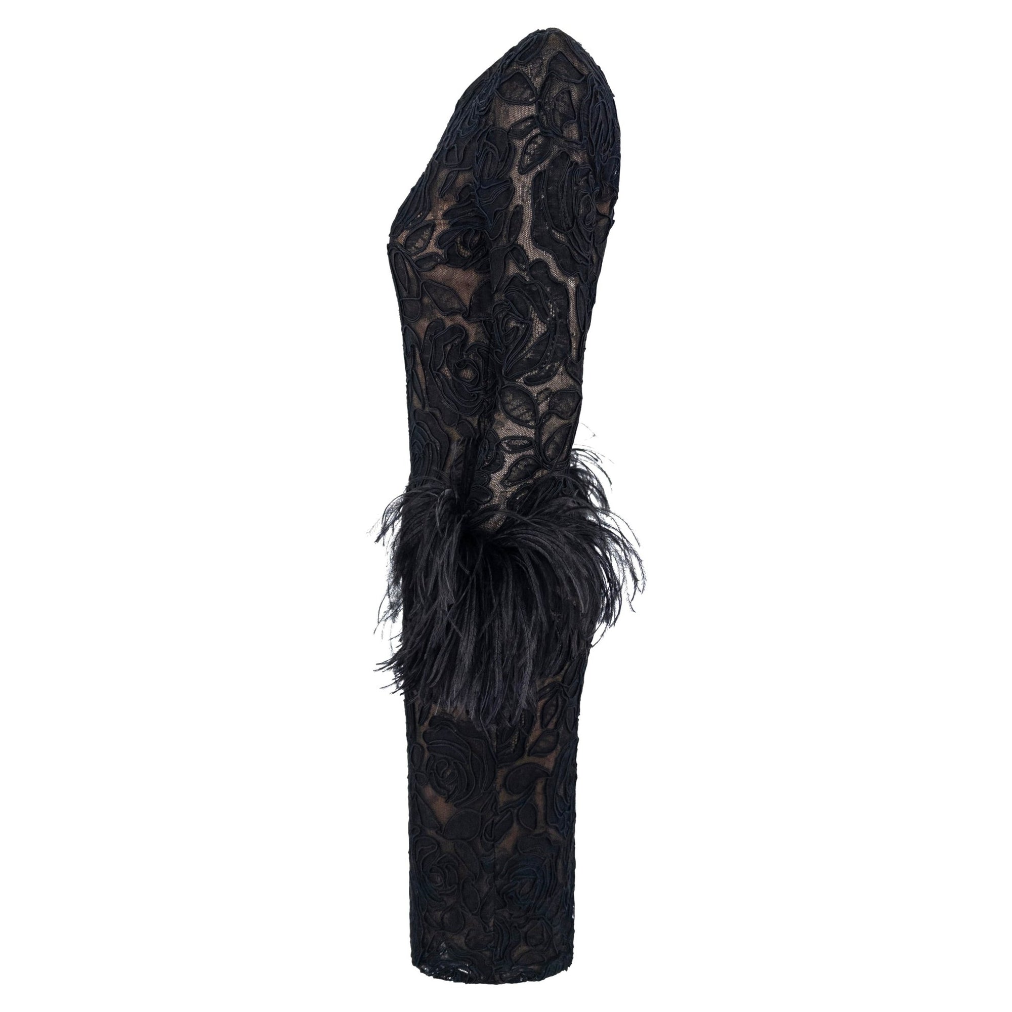 1990s Oscar de la Renta Black Lace Marabou Ostrich Feather Cuff Dress - RealList