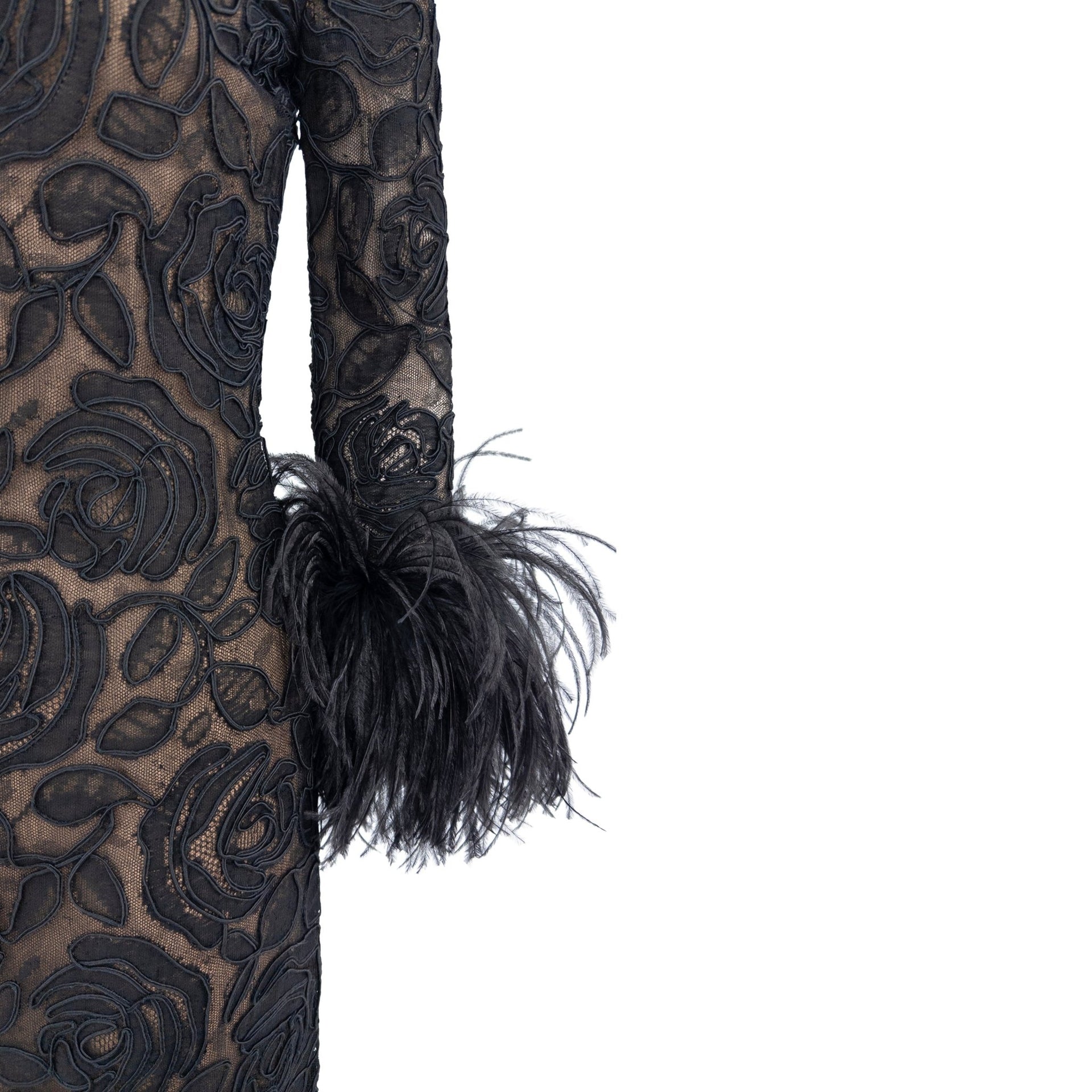 1990s Oscar de la Renta Black Lace Marabou Ostrich Feather Cuff Dress - RealList