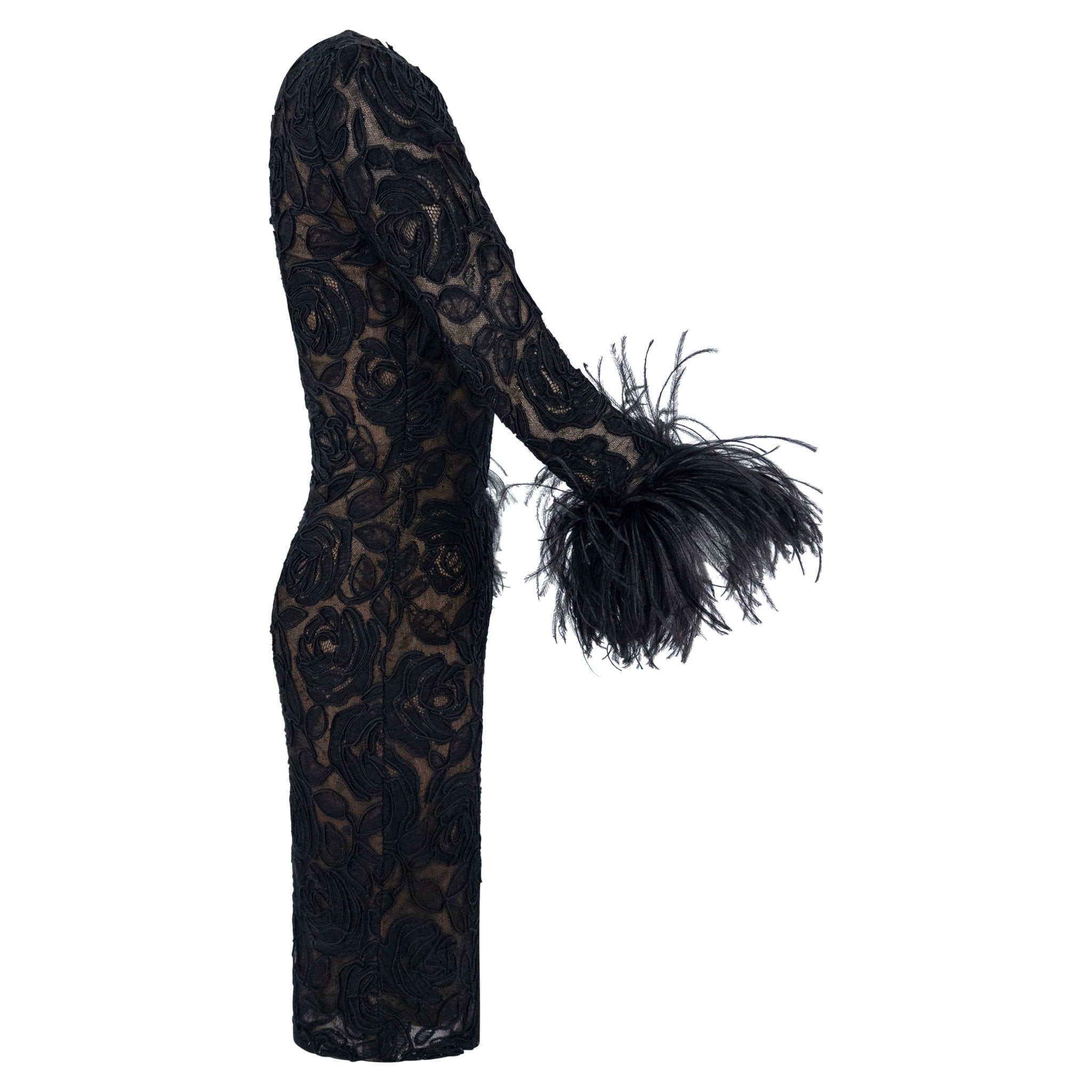 1990s Oscar de la Renta Black Lace Marabou Ostrich Feather Cuff Dress - RealList