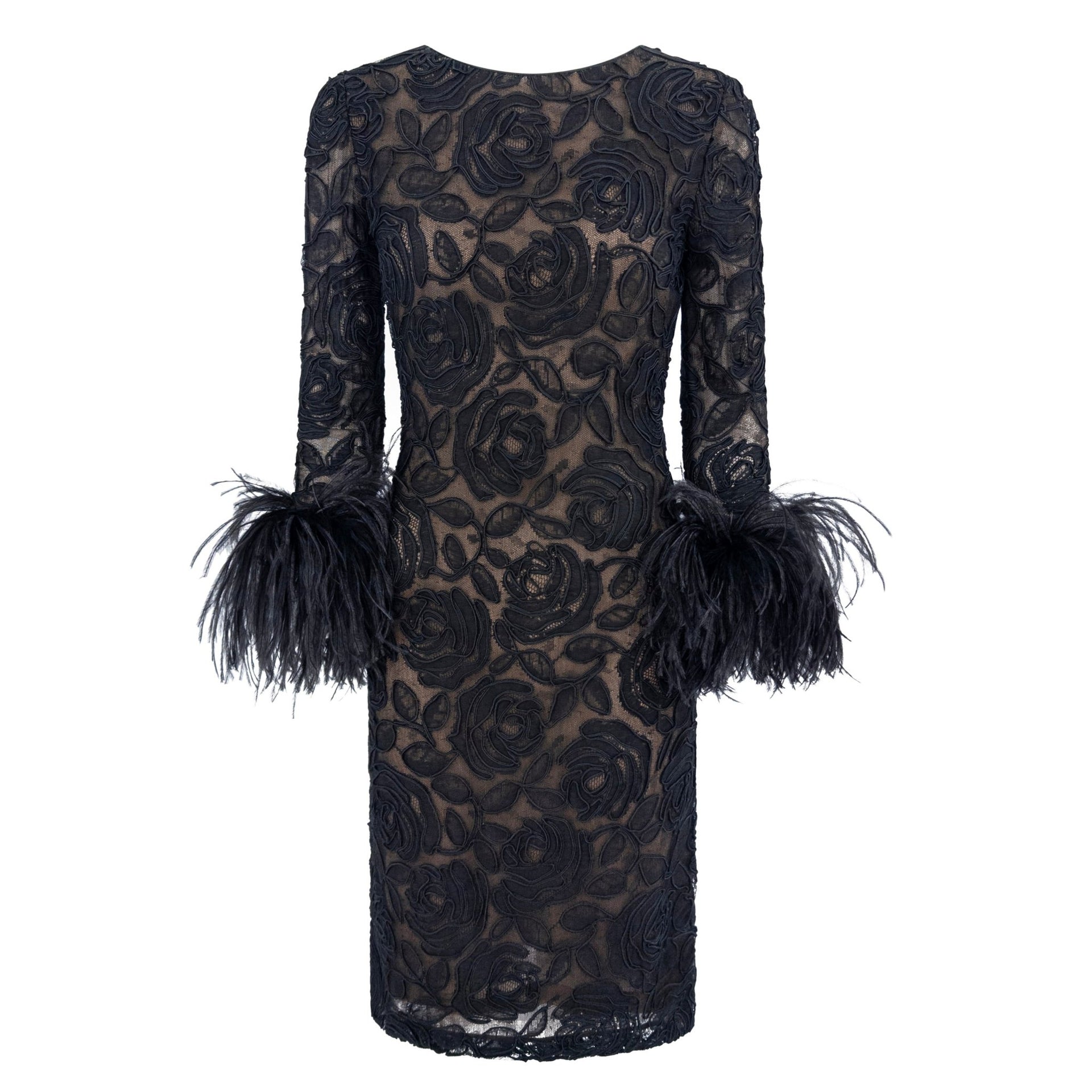 1990s Oscar de la Renta Black Lace Marabou Ostrich Feather Cuff Dress - RealList