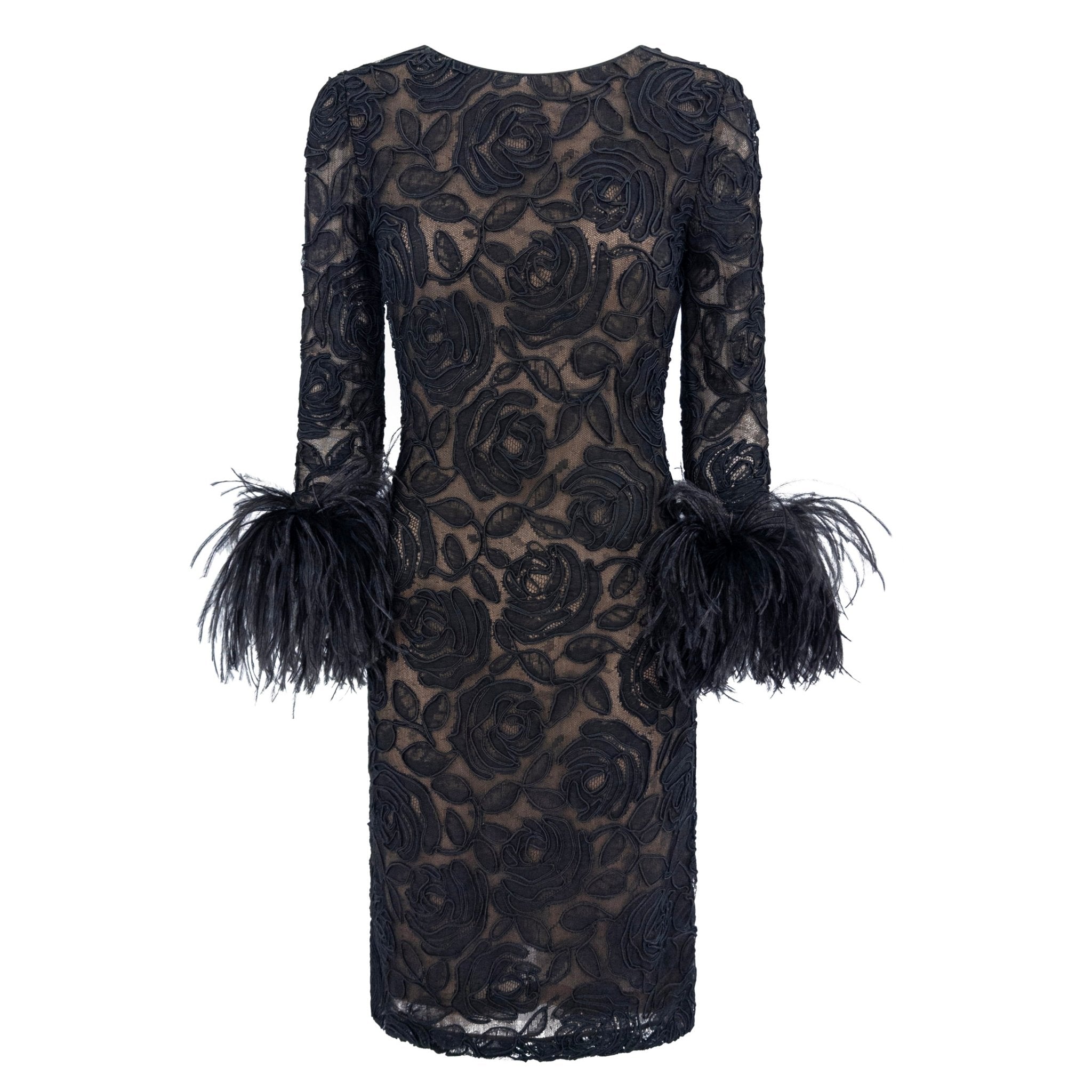 1990s Oscar de la Renta Black Lace Marabou Ostrich Feather Cuff Dress - RealList