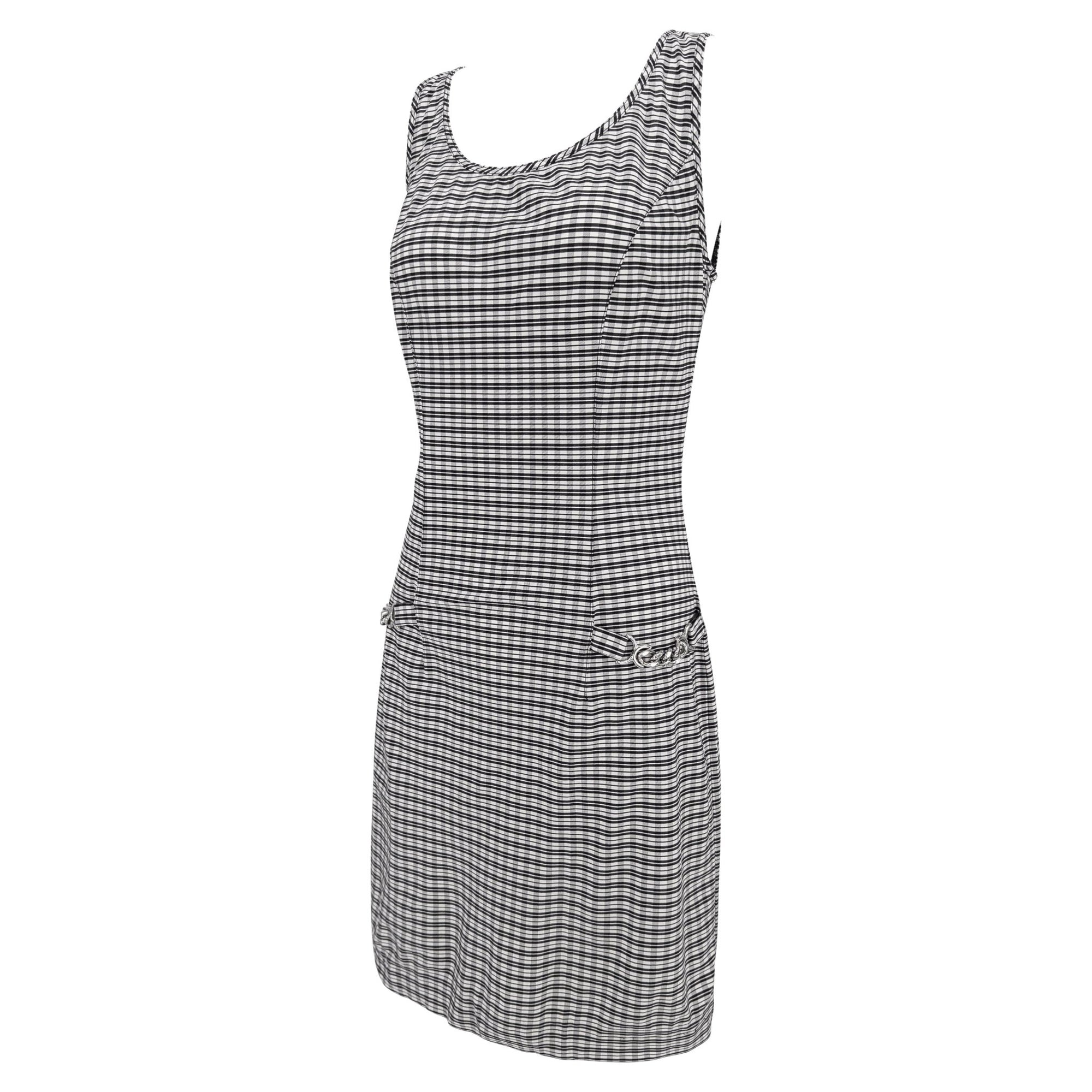 1990s Paco Rabanne Black White Check Print Bodycon Hip Chain Sleeveless Dress - RealList