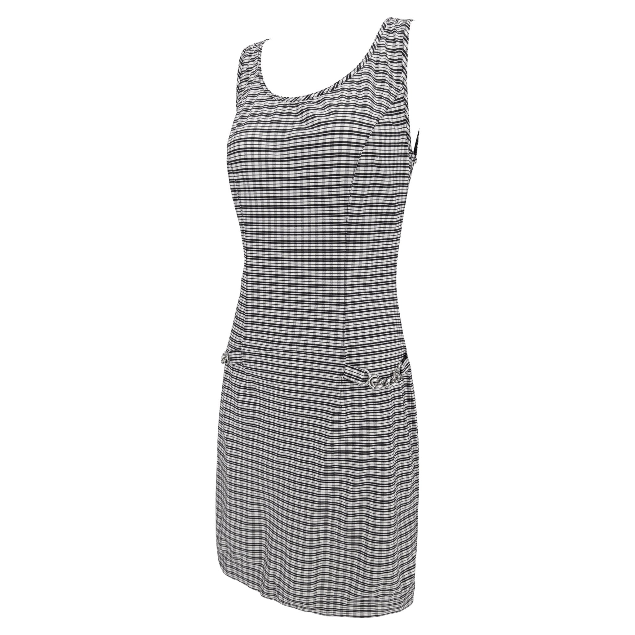 1990s Paco Rabanne Black White Check Print Bodycon Hip Chain Sleeveless Dress - RealList