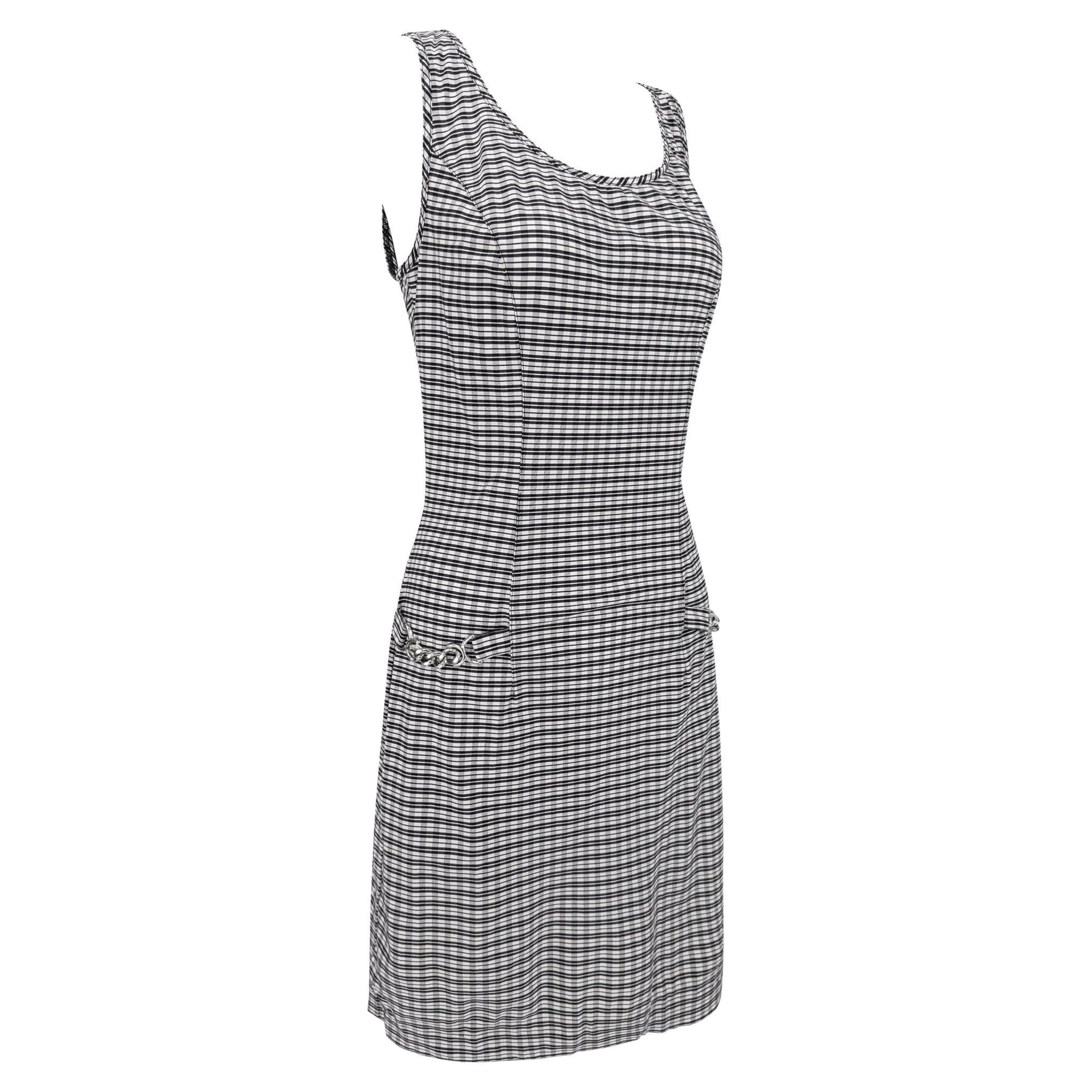 1990s Paco Rabanne Black White Check Print Bodycon Hip Chain Sleeveless Dress - RealList
