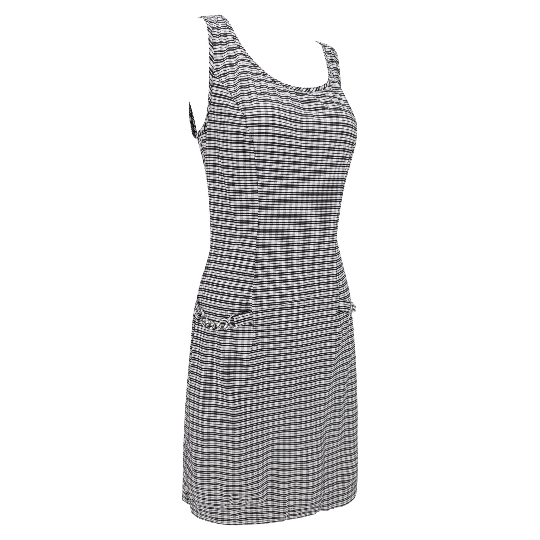 1990s Paco Rabanne Black White Check Print Bodycon Hip Chain Sleeveless Dress - RealList