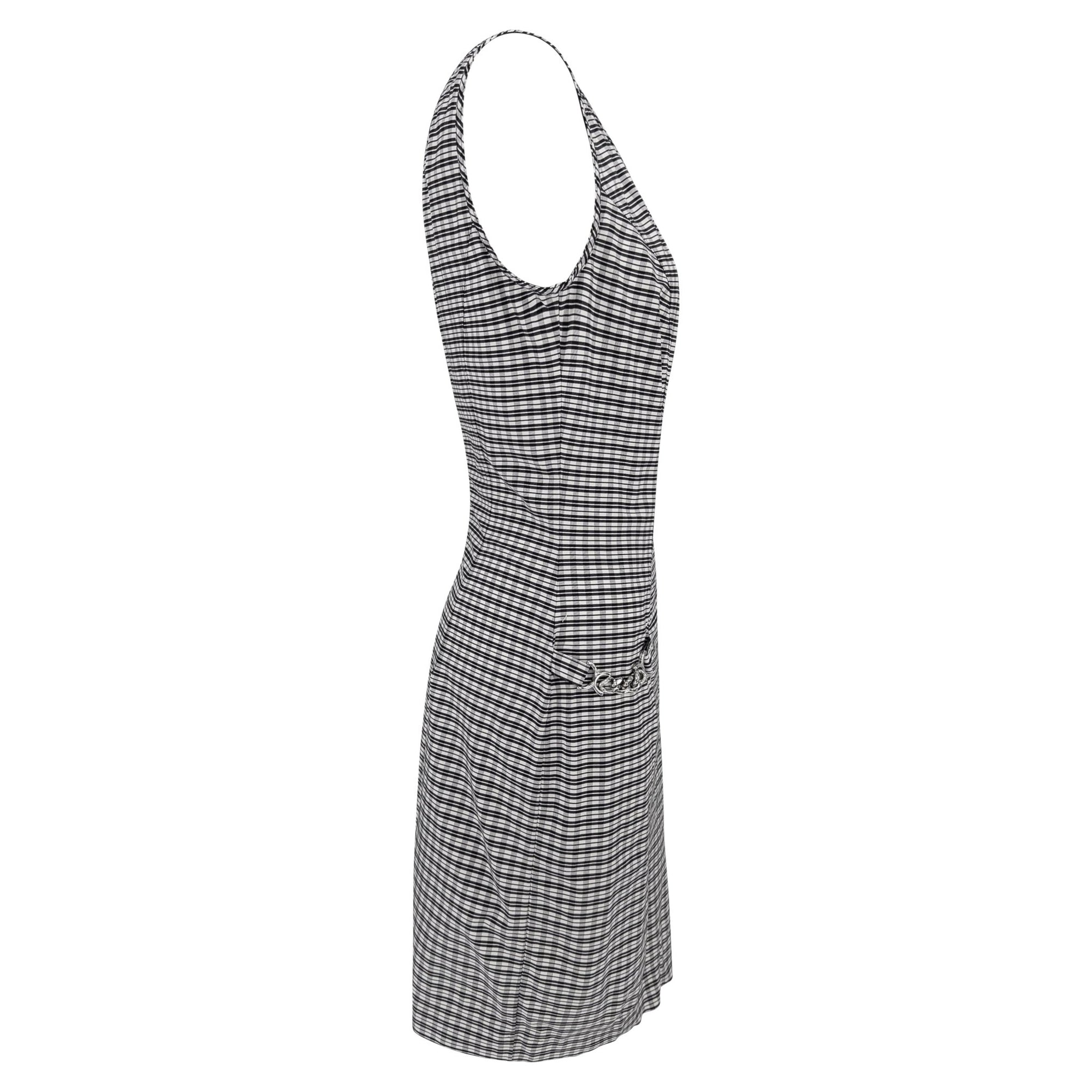 1990s Paco Rabanne Black White Check Print Bodycon Hip Chain Sleeveless Dress - RealList