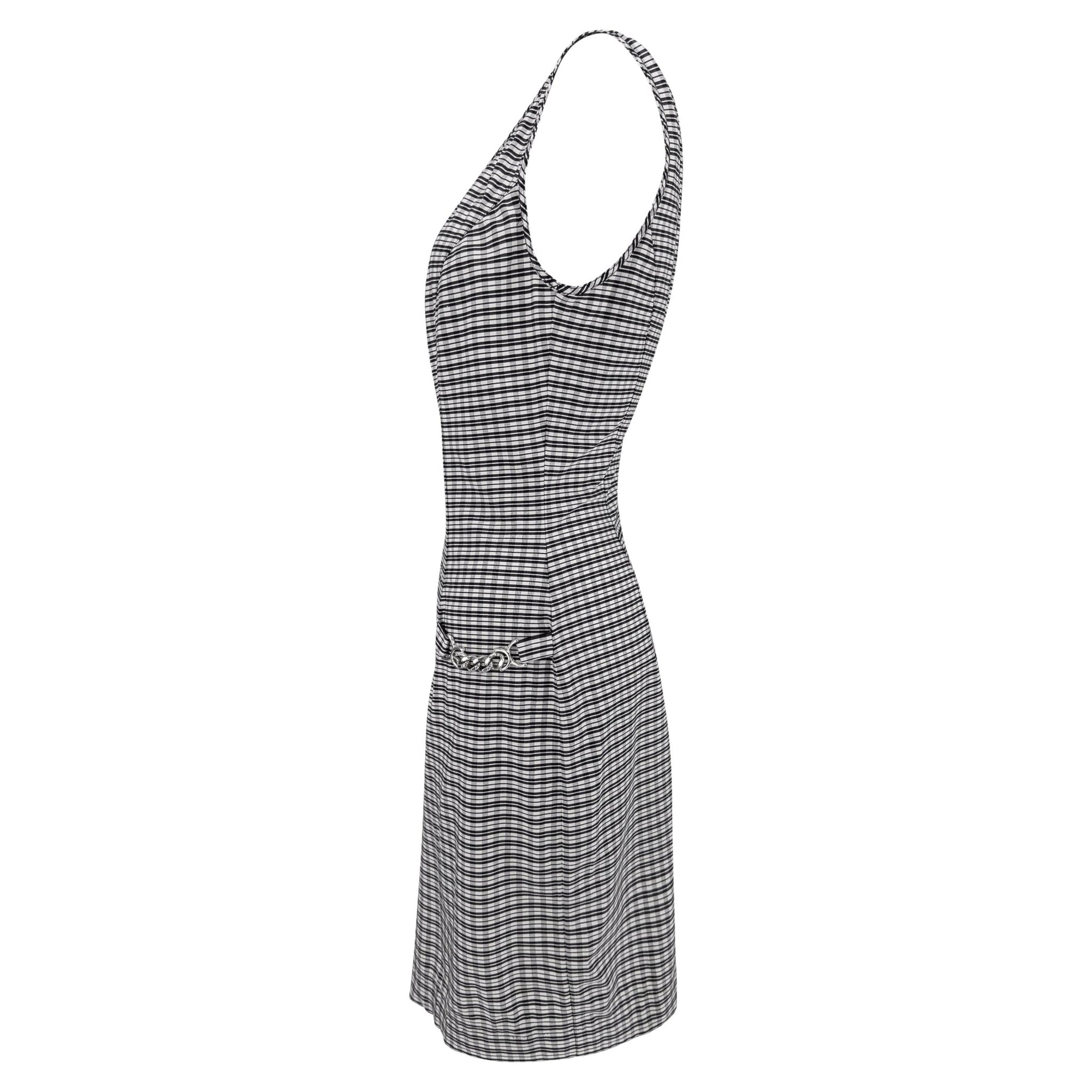 1990s Paco Rabanne Black White Check Print Bodycon Hip Chain Sleeveless Dress - RealList