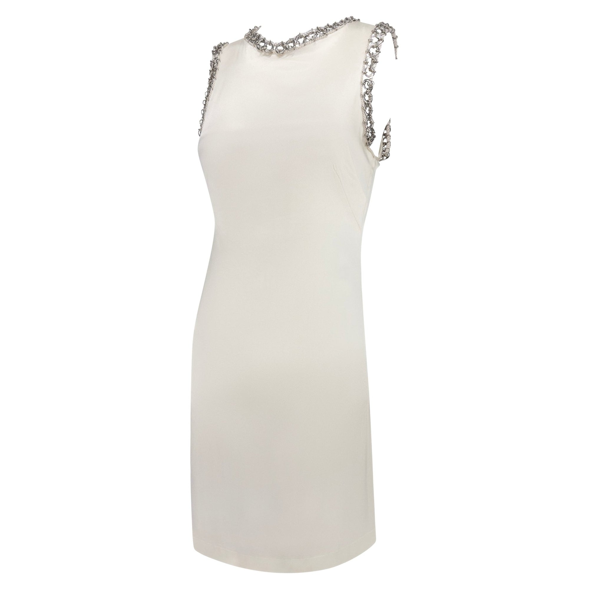 1990s Paco Rabanne Off - White Stretch Satin Metal Ring Trim Dress - RealList