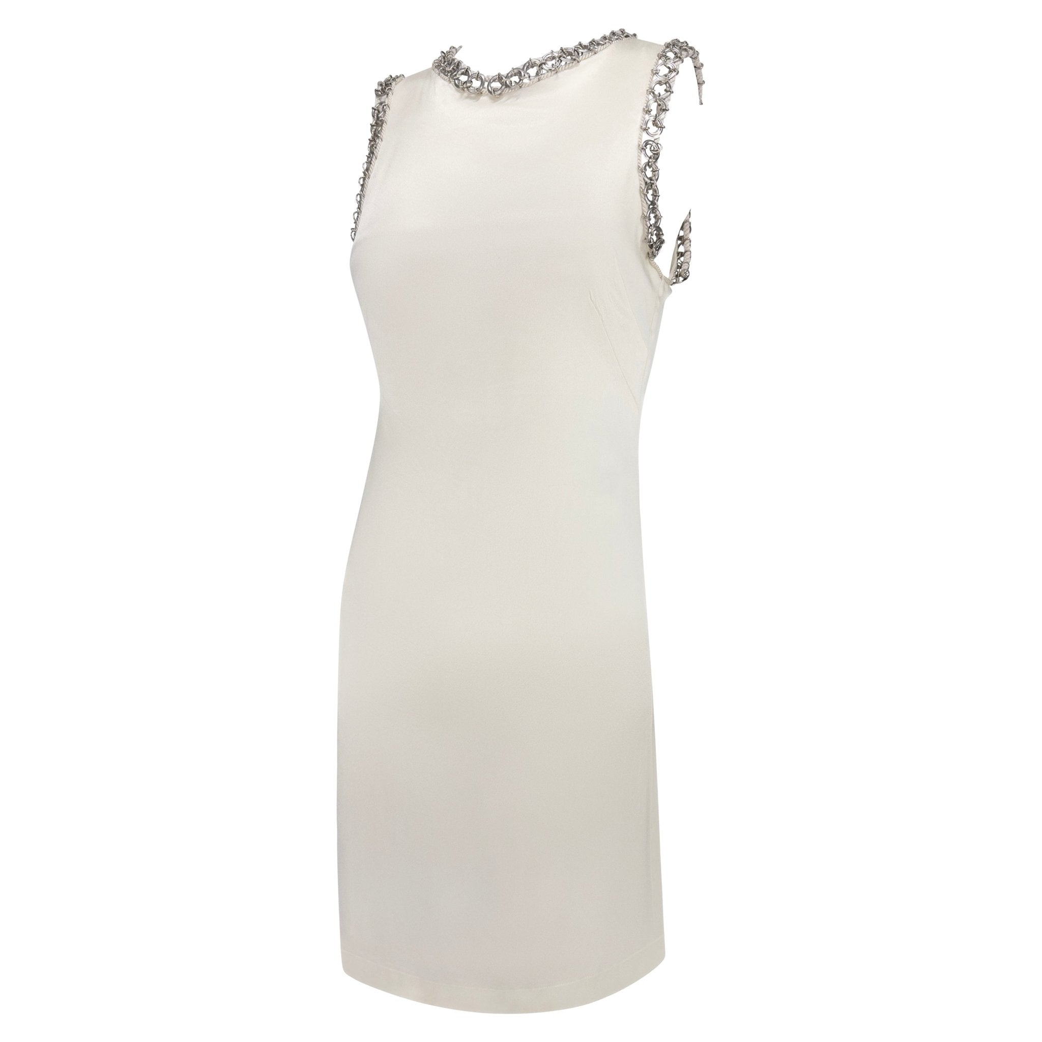 1990s Paco Rabanne Off - White Stretch Satin Metal Ring Trim Dress - RealList
