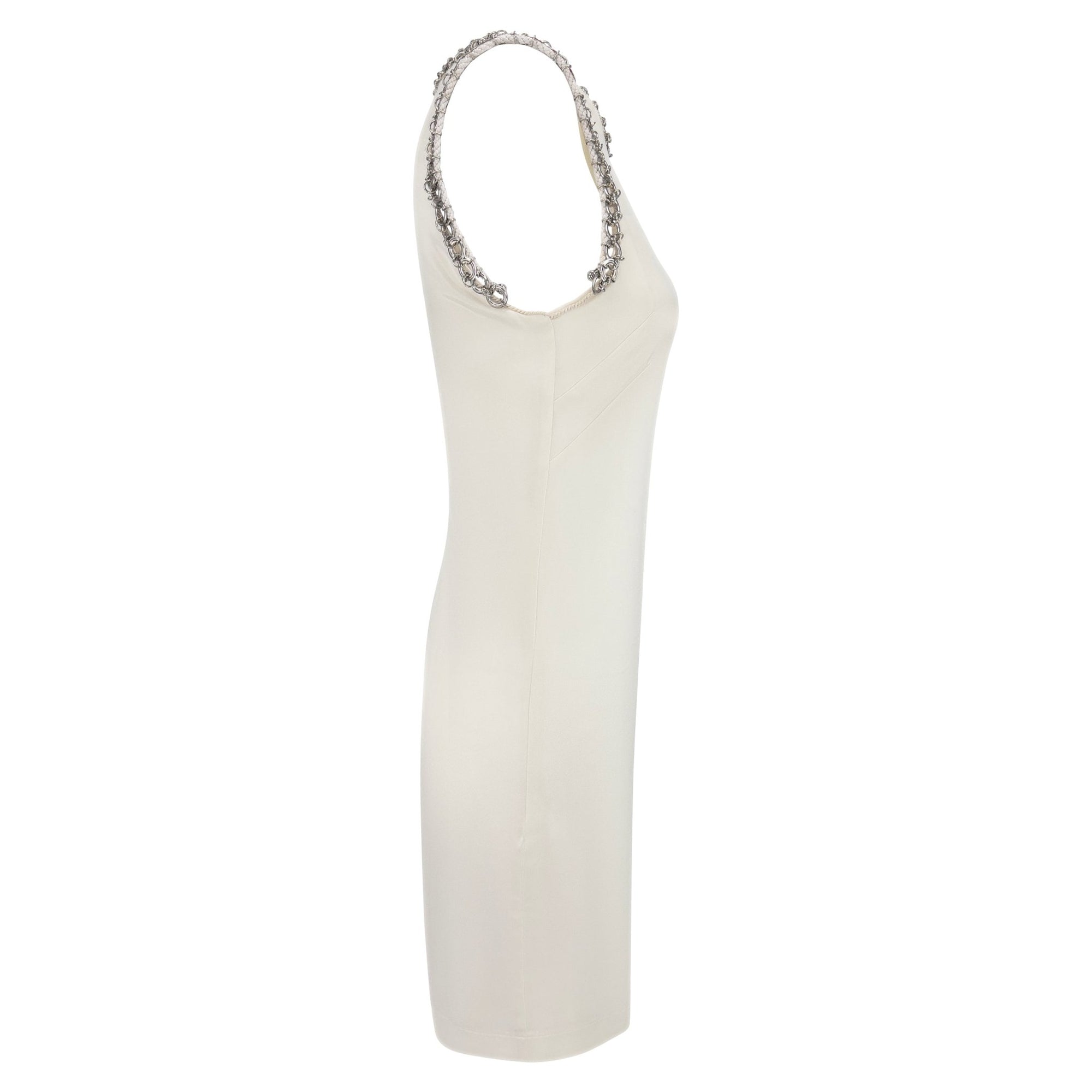 1990s Paco Rabanne Off - White Stretch Satin Metal Ring Trim Dress - RealList