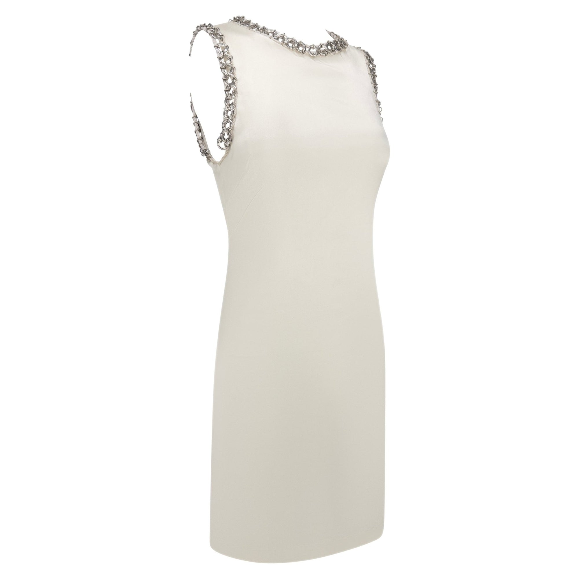1990s Paco Rabanne Off - White Stretch Satin Metal Ring Trim Dress - RealList