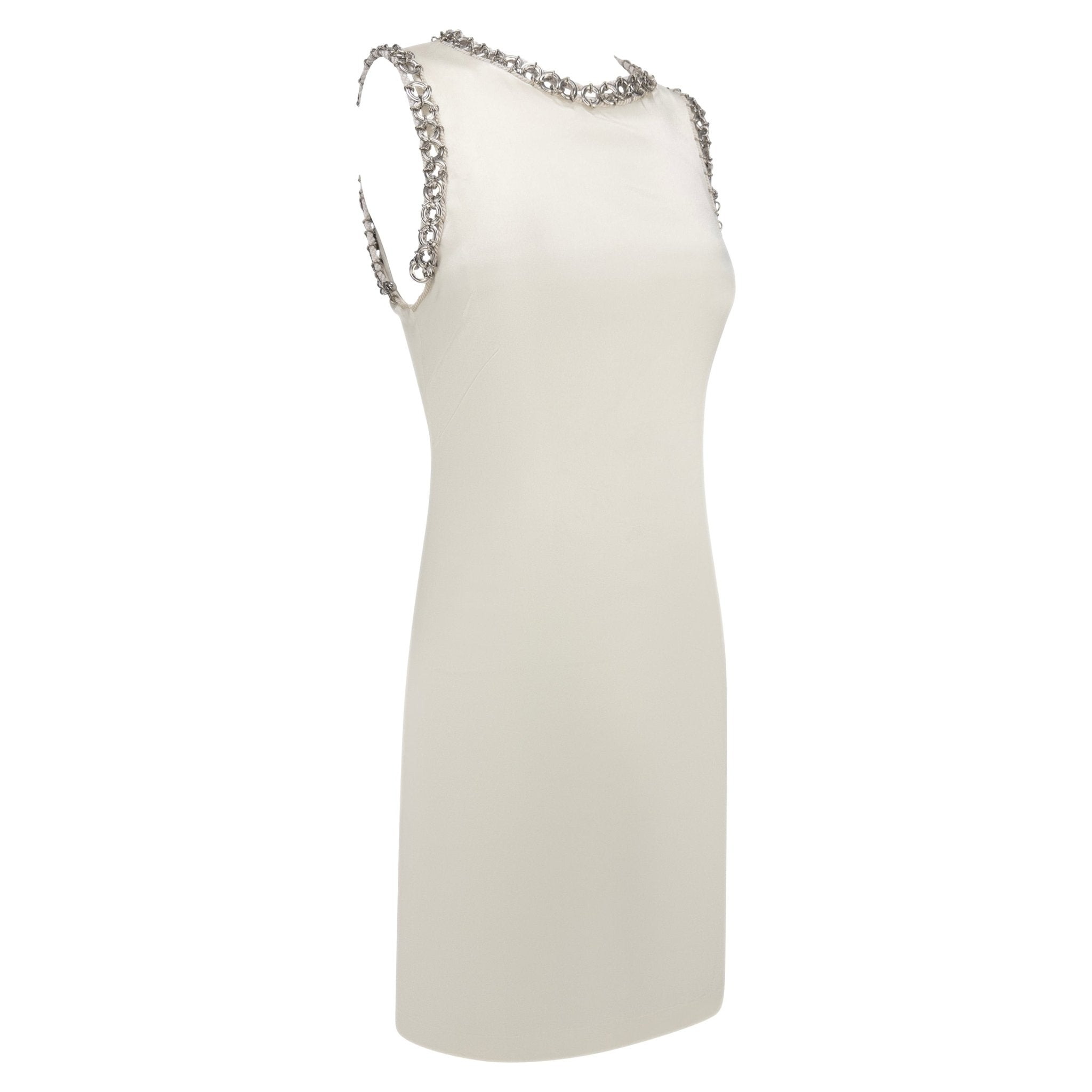 1990s Paco Rabanne Off - White Stretch Satin Metal Ring Trim Dress - RealList