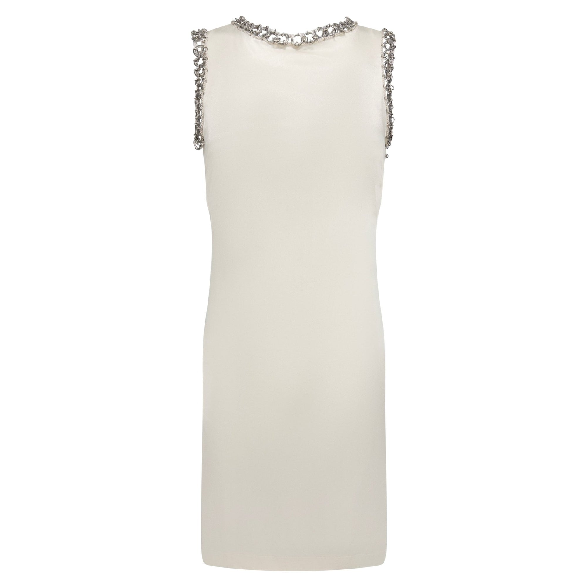 1990s Paco Rabanne Off - White Stretch Satin Metal Ring Trim Dress - RealList