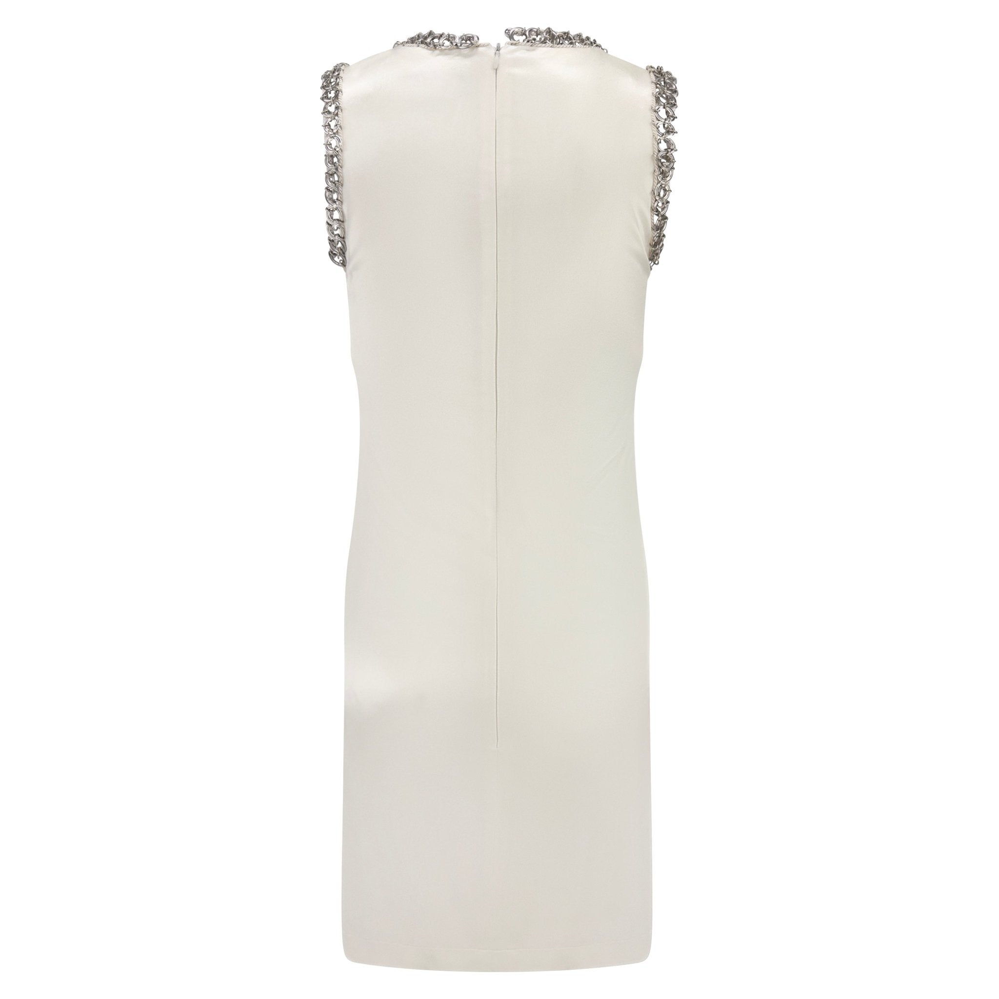1990s Paco Rabanne Off - White Stretch Satin Metal Ring Trim Dress - RealList