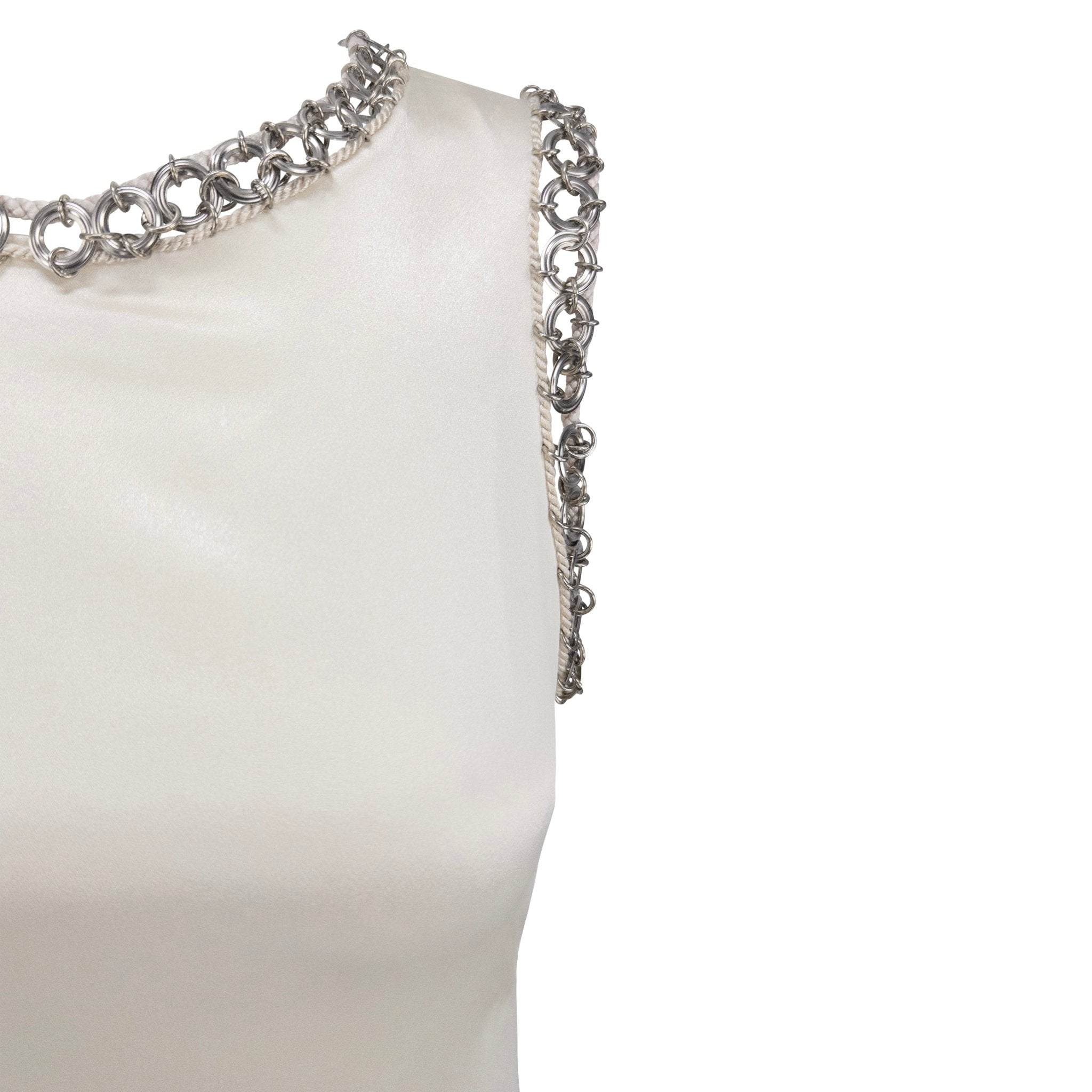 1990s Paco Rabanne Off - White Stretch Satin Metal Ring Trim Dress - RealList