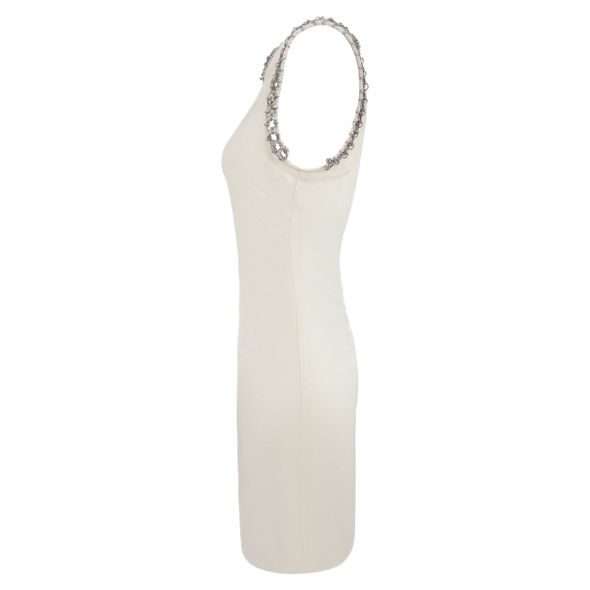 1990s Paco Rabanne Off - White Stretch Satin Metal Ring Trim Dress - RealList