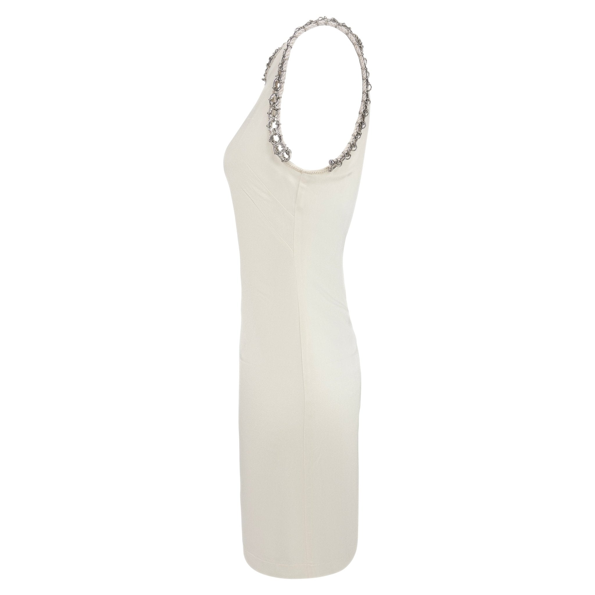 1990s Paco Rabanne Off - White Stretch Satin Metal Ring Trim Dress - RealList