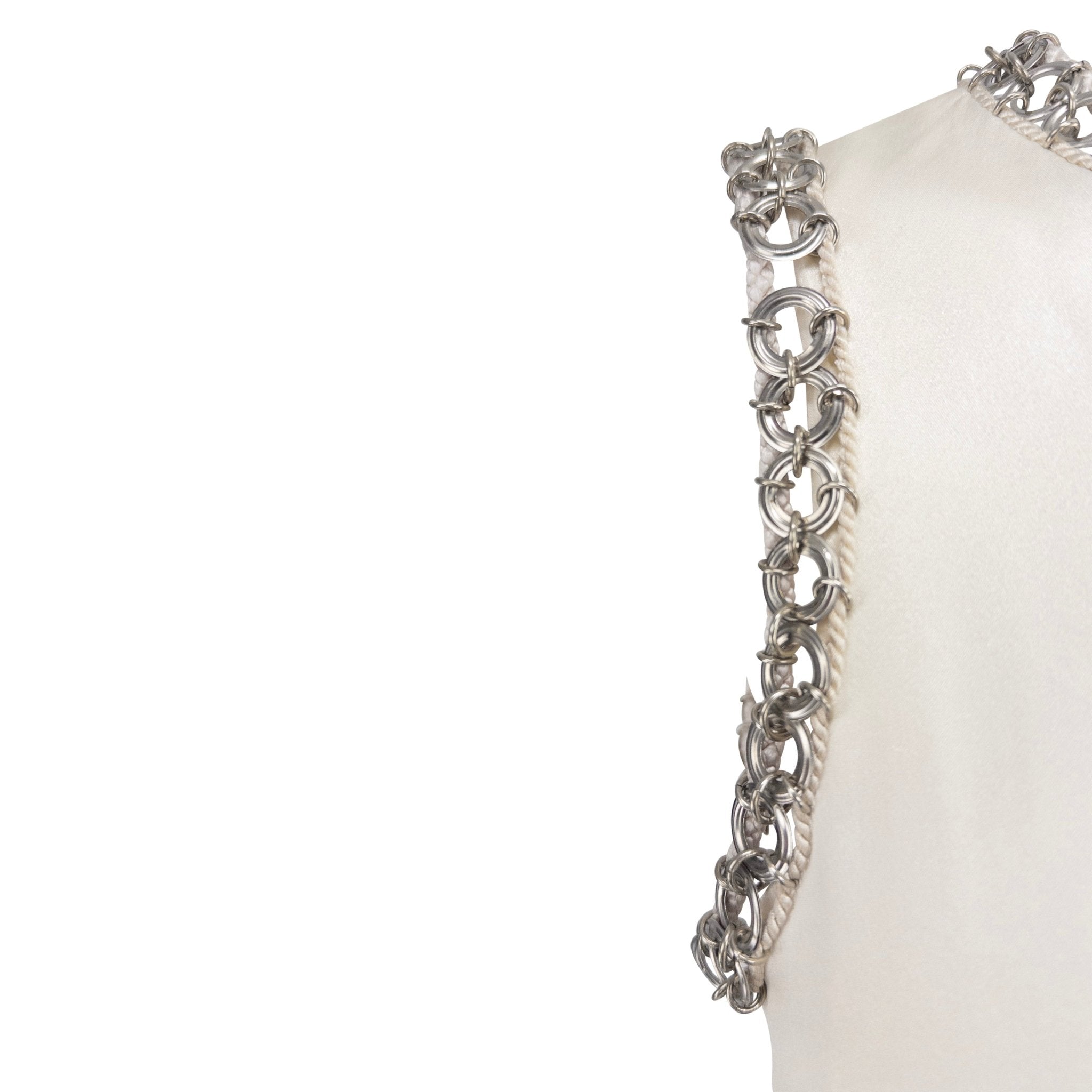 1990s Paco Rabanne Off - White Stretch Satin Metal Ring Trim Dress - RealList