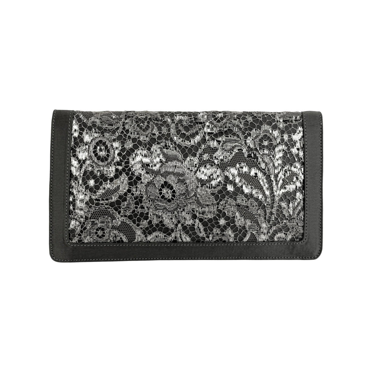 1990s Ralph Lauren Collection Silver Metallic Floral Lace Satin Clutch Bag - RealList
