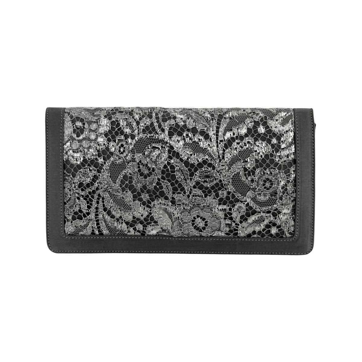 1990s Ralph Lauren Collection Silver Metallic Floral Lace Satin Clutch Bag - RealList