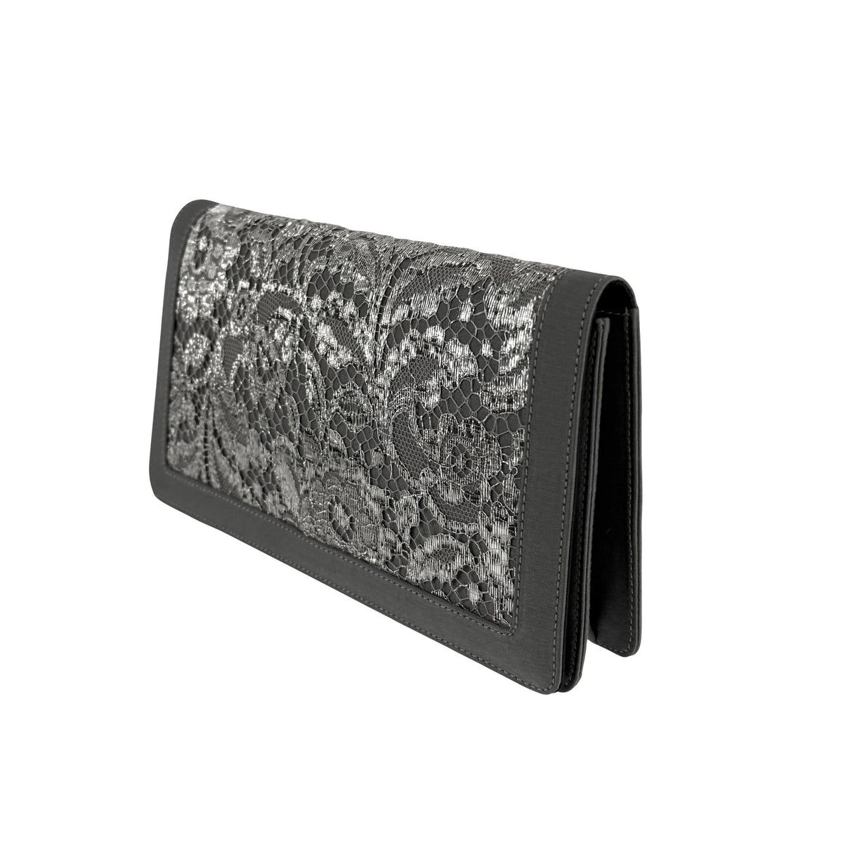 1990s Ralph Lauren Collection Silver Metallic Floral Lace Satin Clutch Bag - RealList