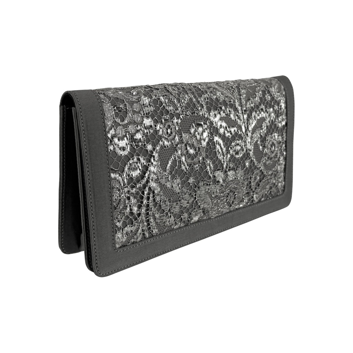 1990s Ralph Lauren Collection Silver Metallic Floral Lace Satin Clutch Bag - RealList