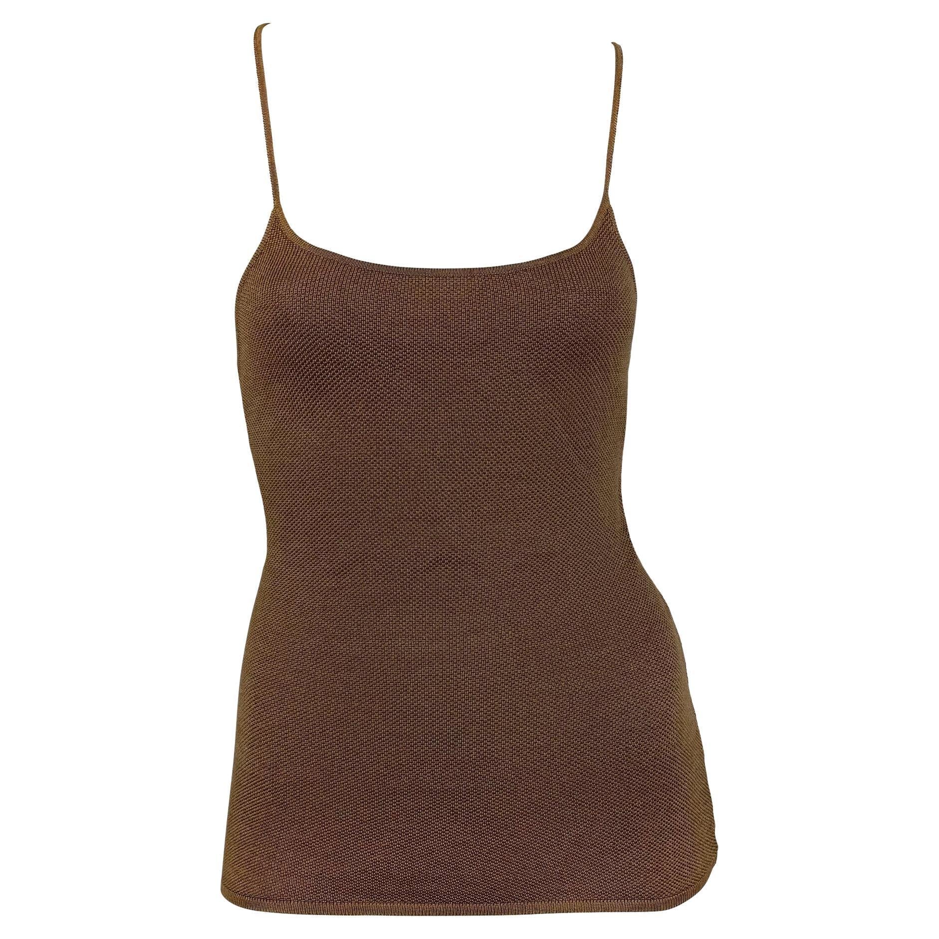 1990s Ralph Lauren Purple Label Brown Silk Backless Sheer Stretch Knit Tank Top - RealList
