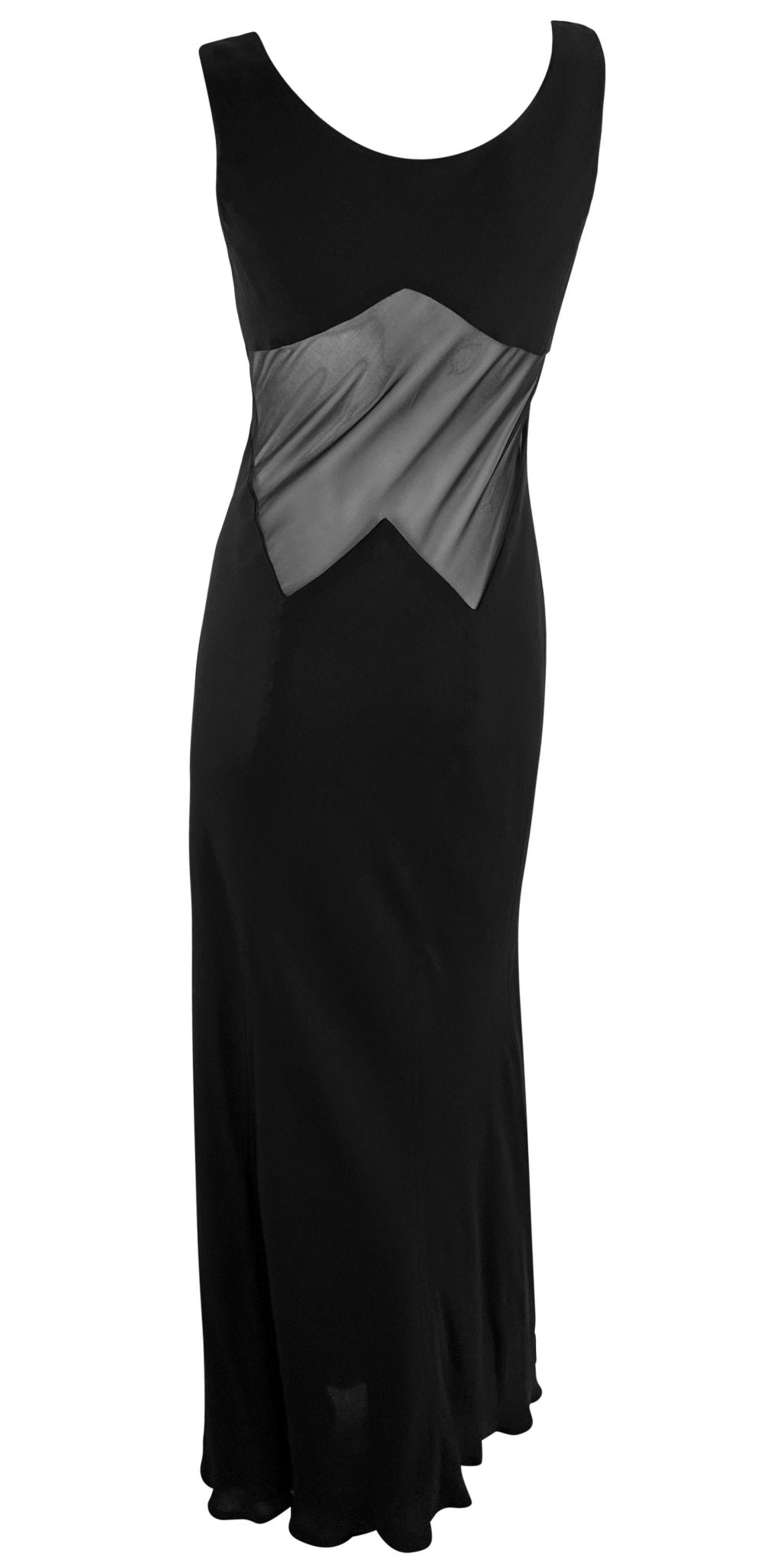 1990s Richard Tyler Angular Sheer Waist Black Silk Slip Gown - RealList