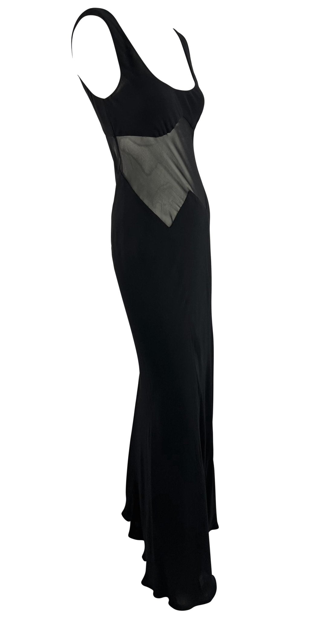 1990s Richard Tyler Angular Sheer Waist Black Silk Slip Gown - RealList