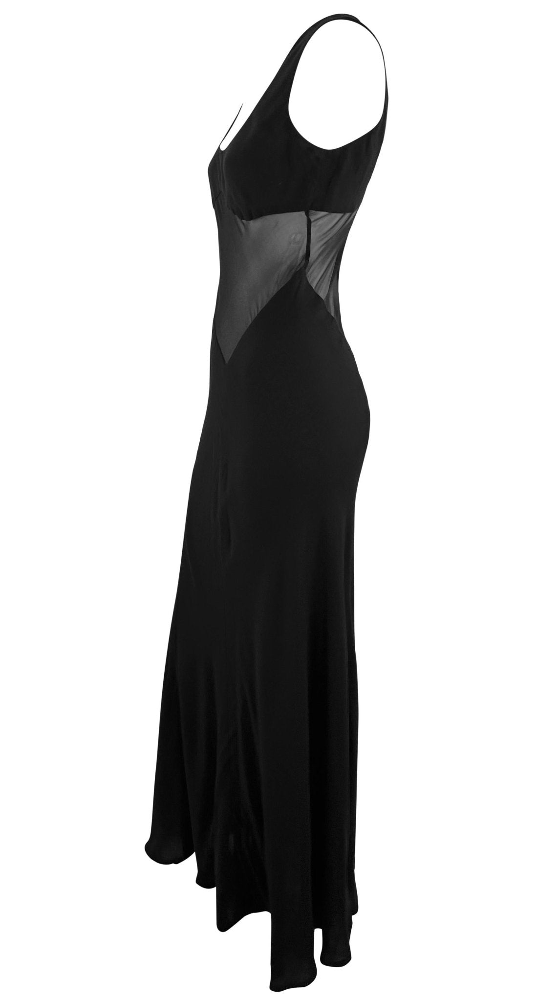 1990s Richard Tyler Angular Sheer Waist Black Silk Slip Gown - RealList
