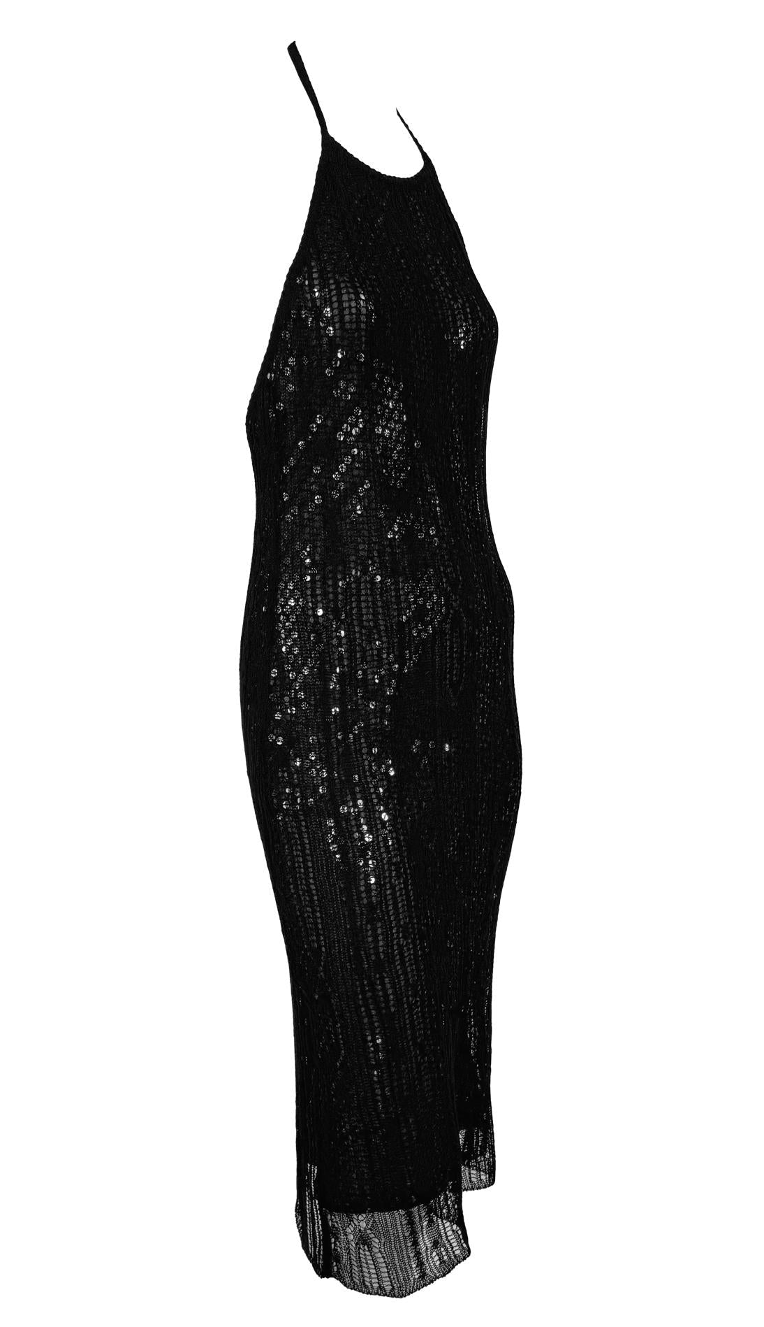 1990s Rifat Ozbek Sheer Black Mesh Overlay Sequin Backless Halter Bodycon Dress - RealList