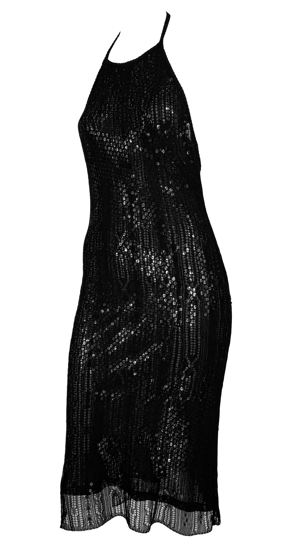 1990s Rifat Ozbek Sheer Black Mesh Overlay Sequin Backless Halter Bodycon Dress - RealList