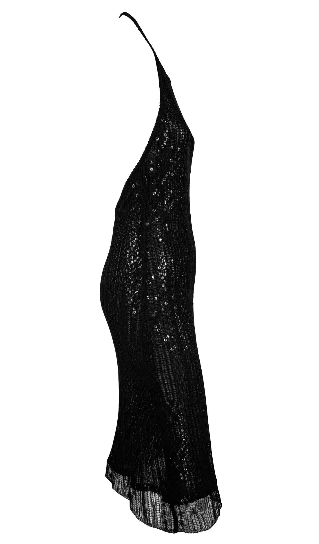 1990s Rifat Ozbek Sheer Black Mesh Overlay Sequin Backless Halter Bodycon Dress - RealList