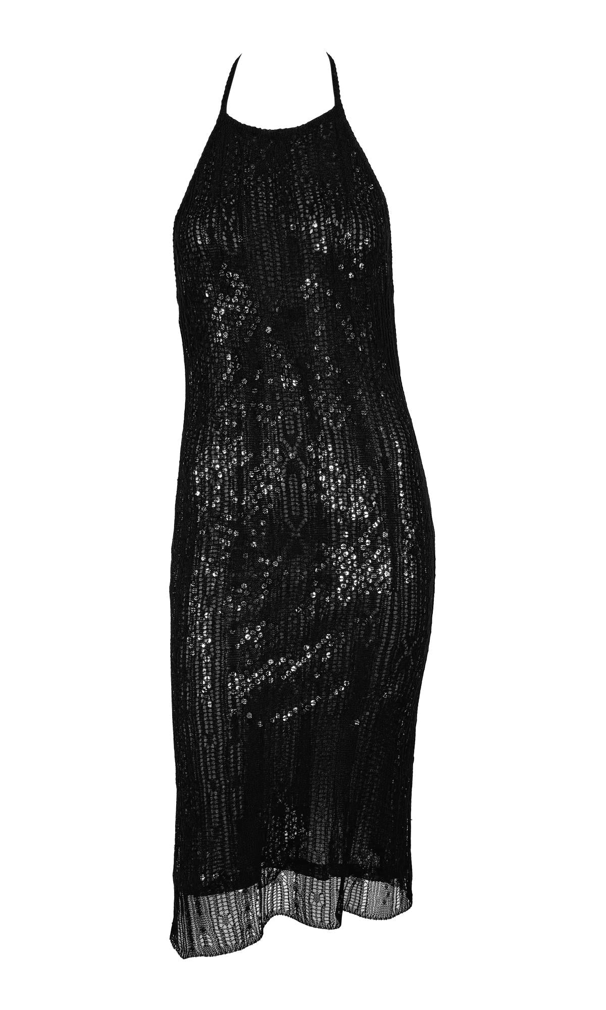 1990s Rifat Ozbek Sheer Black Mesh Overlay Sequin Backless Halter Bodycon Dress - RealList