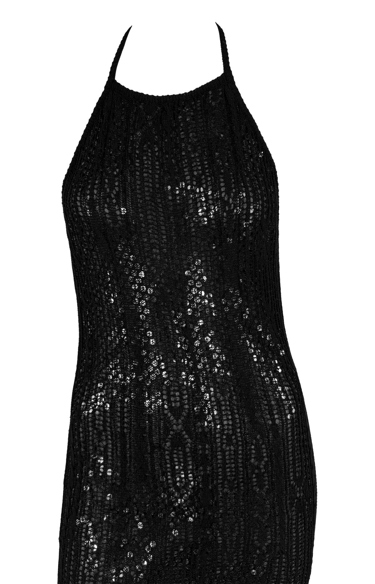 1990s Rifat Ozbek Sheer Black Mesh Overlay Sequin Backless Halter Bodycon Dress - RealList