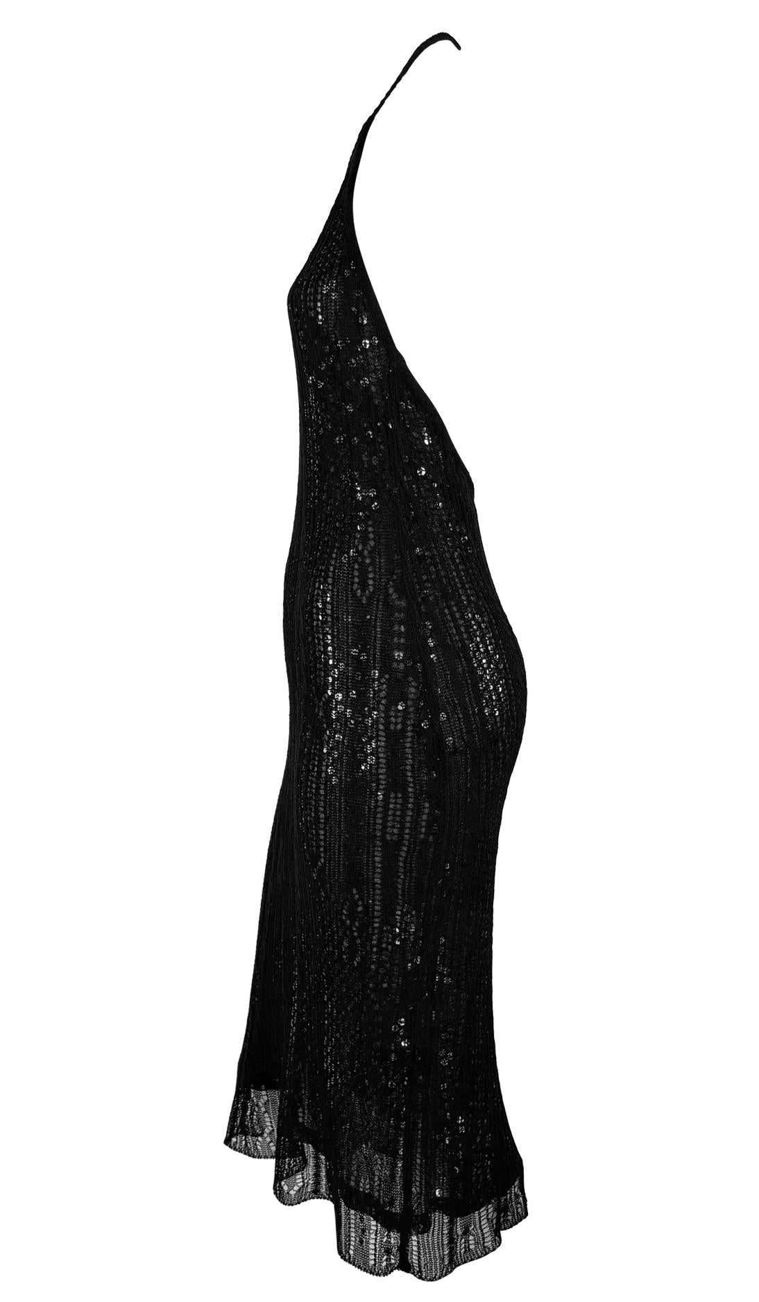1990s Rifat Ozbek Sheer Black Mesh Overlay Sequin Backless Halter Bodycon Dress - RealList