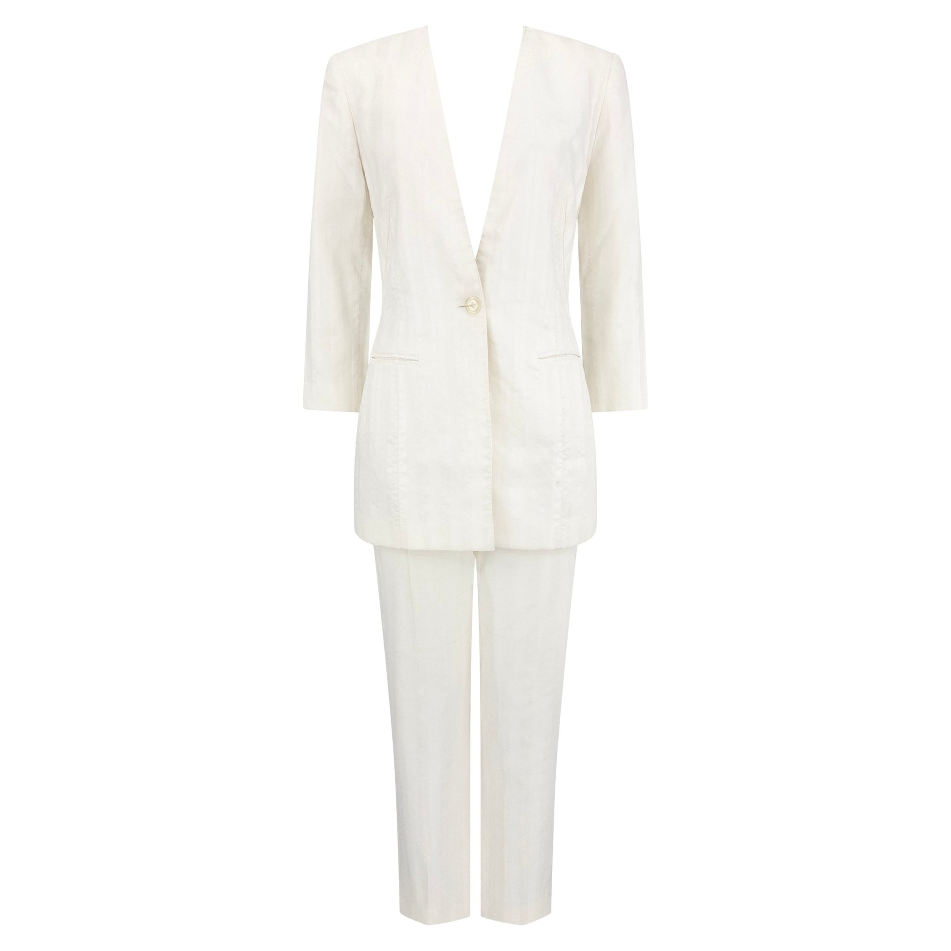 1990s Rifat Ozbek Shimmery White Stripe Pantsuit - RealList
