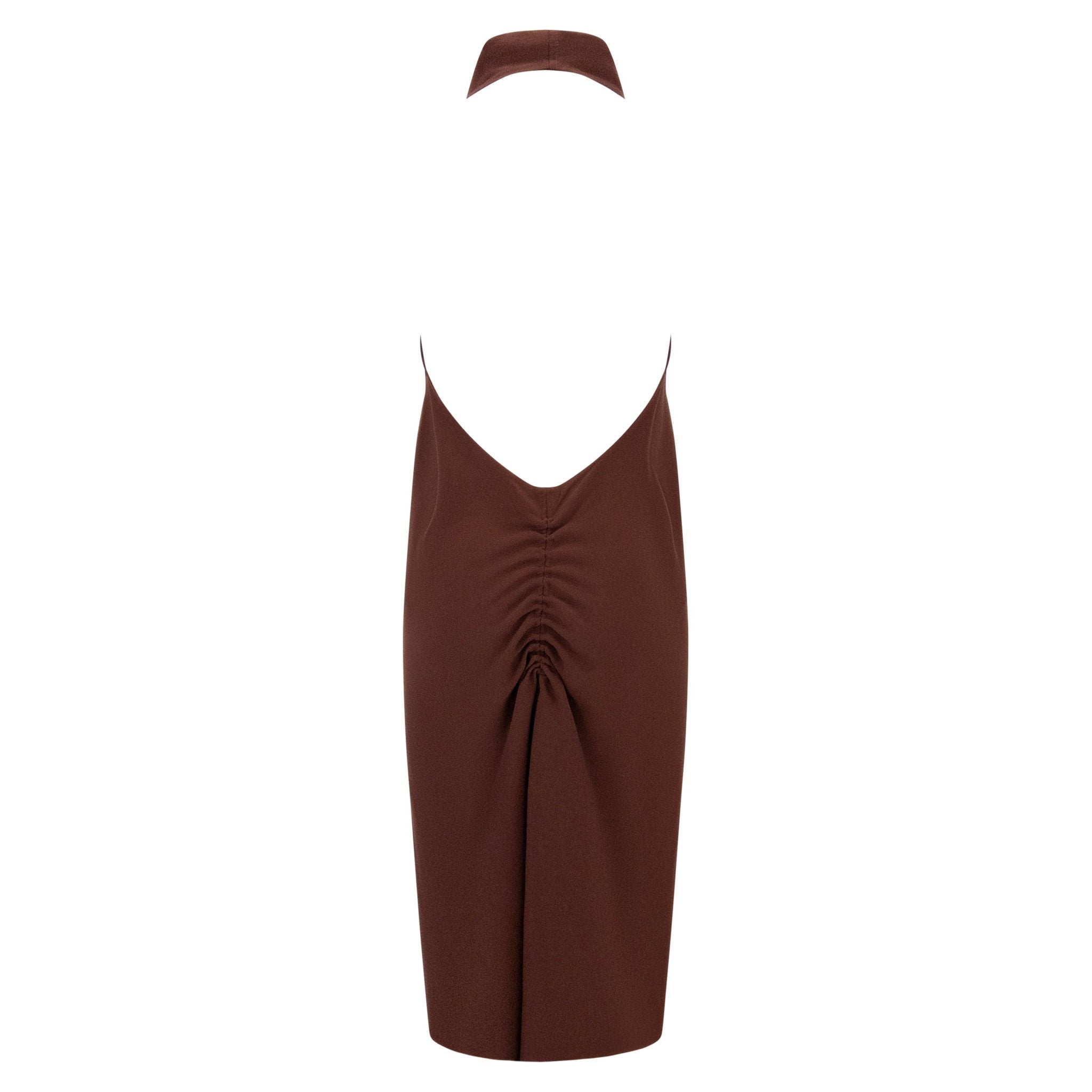 1990s Salvatore Ferragamo Backless Brown Cowl Neck Flare Cocktail Dress - RealList