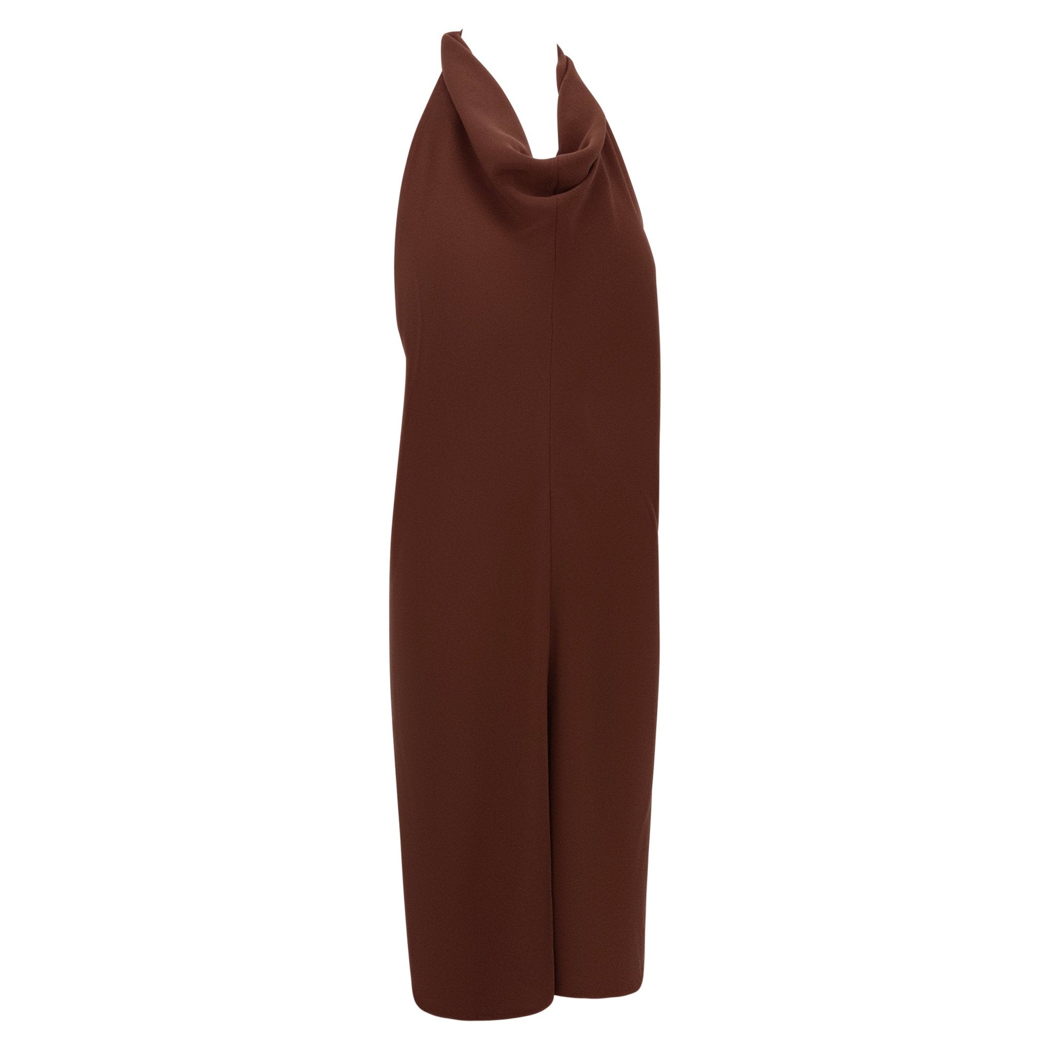 1990s Salvatore Ferragamo Backless Brown Cowl Neck Flare Cocktail Dress - RealList