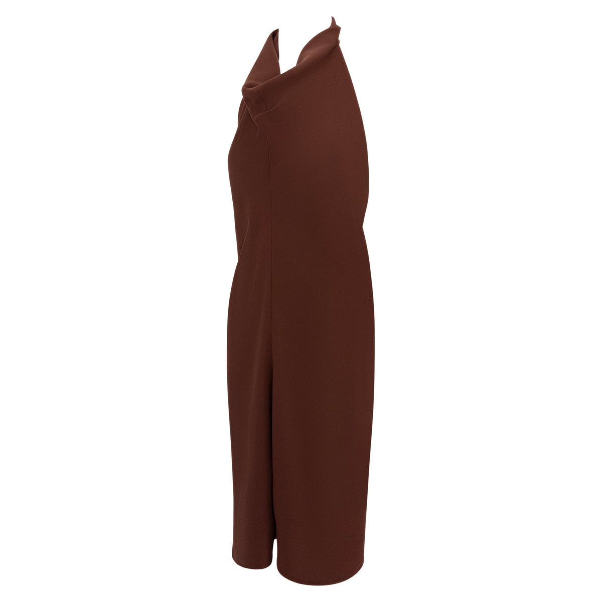 1990s Salvatore Ferragamo Backless Brown Cowl Neck Flare Cocktail Dress - RealList