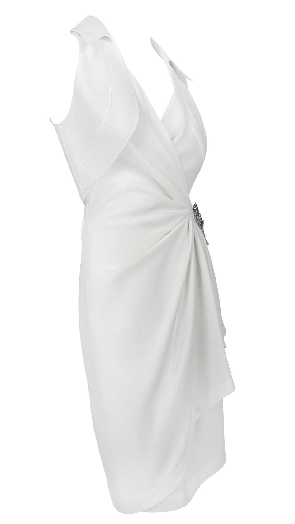 1990s Thierry Mugler Anchor Brooch Collared White Plunging Wrap Dress - RealList