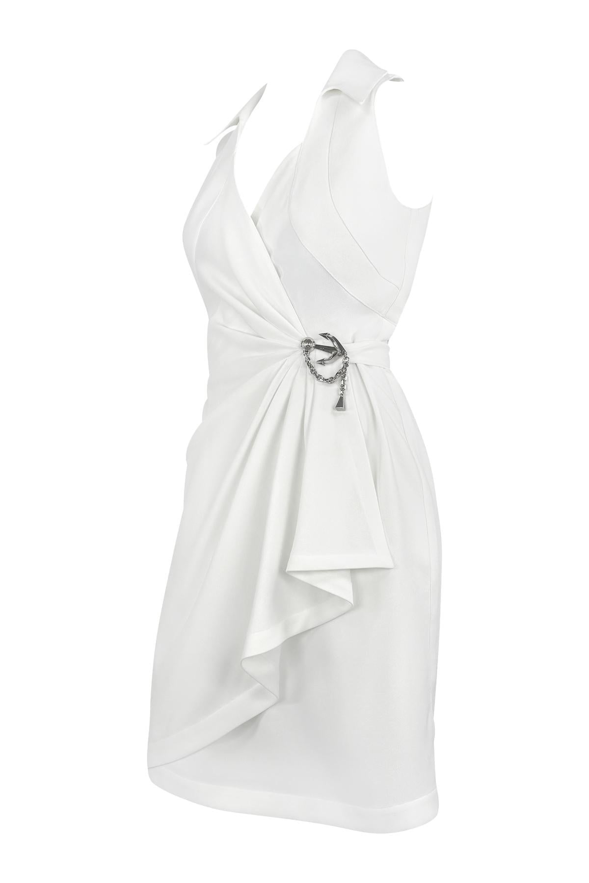 1990s Thierry Mugler Anchor Brooch Collared White Plunging Wrap Dress - RealList