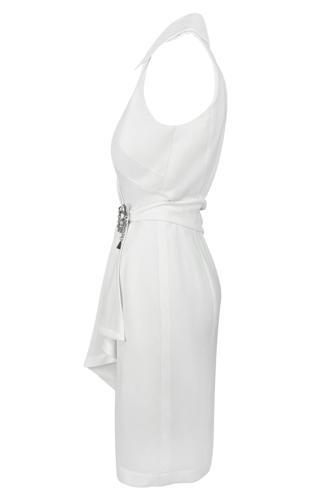 1990s Thierry Mugler Anchor Brooch Collared White Plunging Wrap Dress - RealList