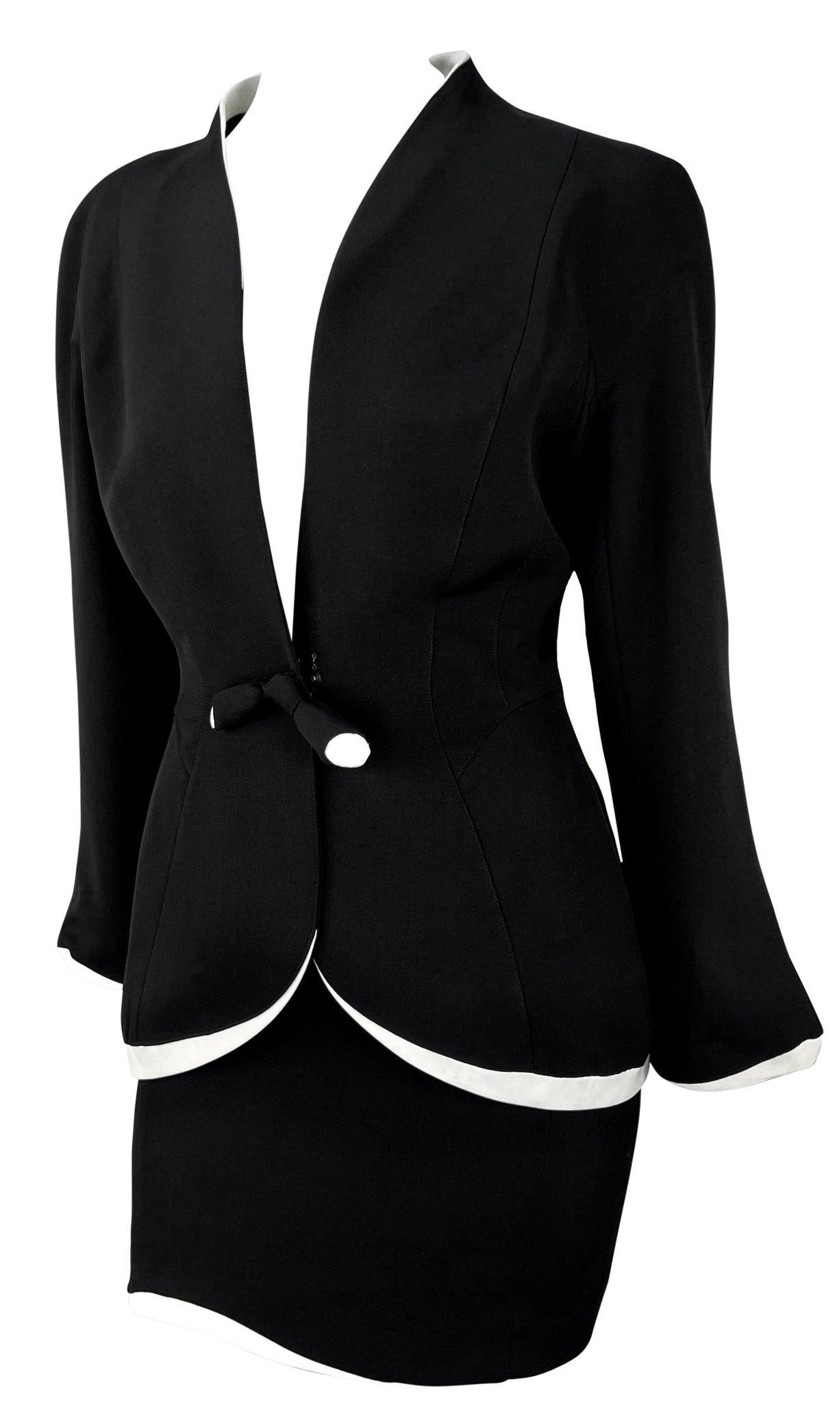 1990s Thierry Mugler Black White Sculpted Asymmetric Bow Skirt Suit - RealList