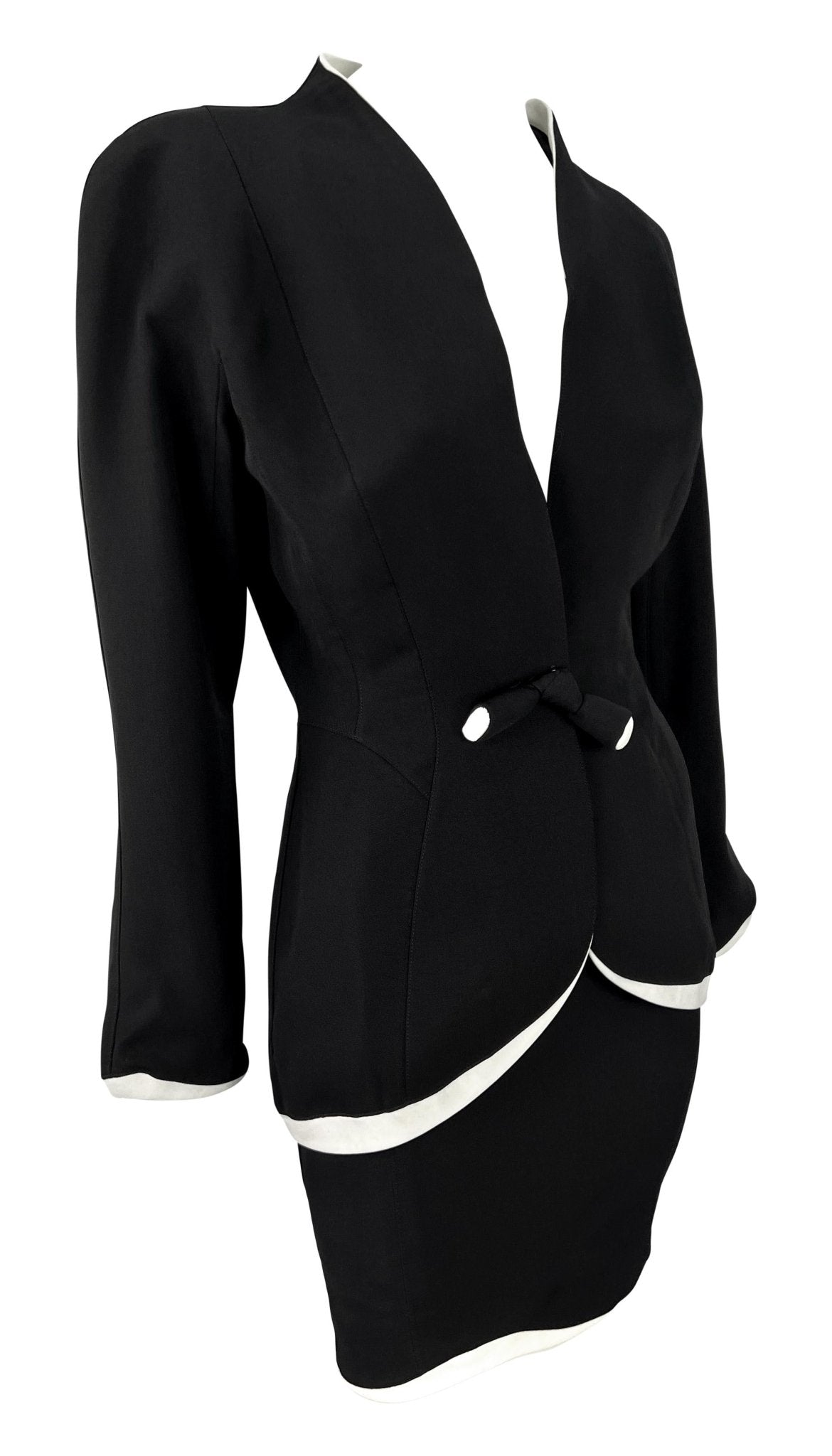 1990s Thierry Mugler Black White Sculpted Asymmetric Bow Skirt Suit - RealList